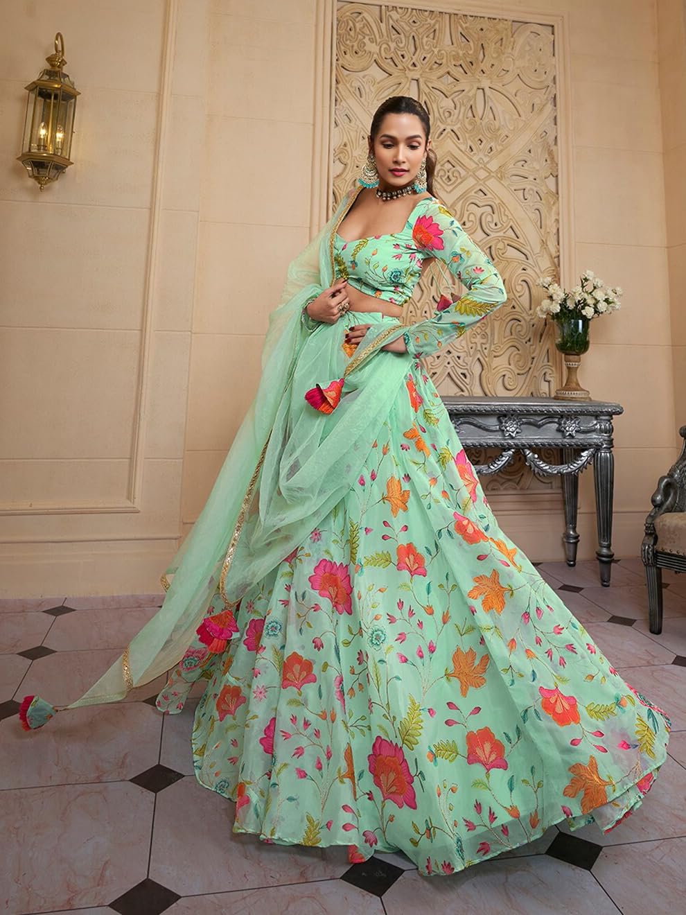 Zeel Clothing Women's Print And Dori Embroidered Organza Designer Readymade Lehenga Choli With Dupatta (7074-Pista-Womens-Lehenga-Choli-Latest; Free Size) (Pista)