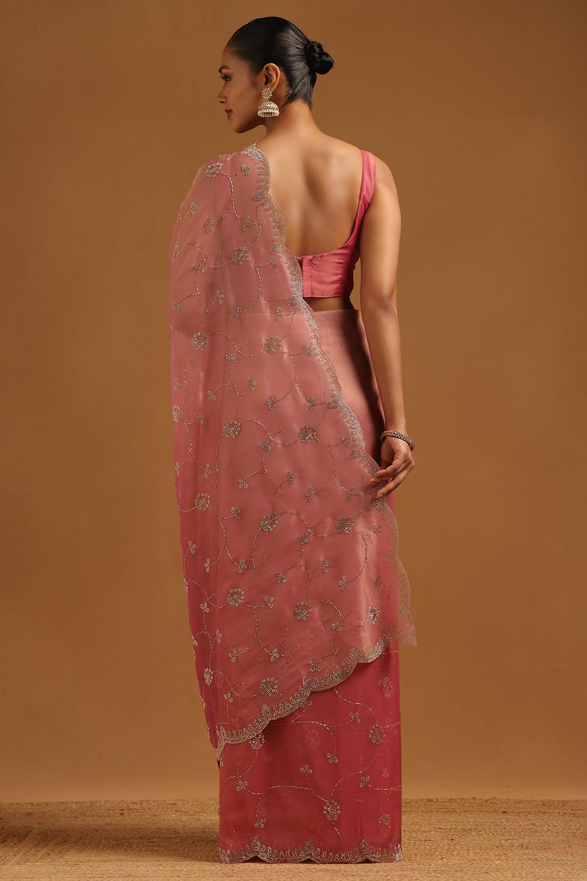 Soch Womens Onion Pink Fendy Organza Embellished Saree With Stone Work