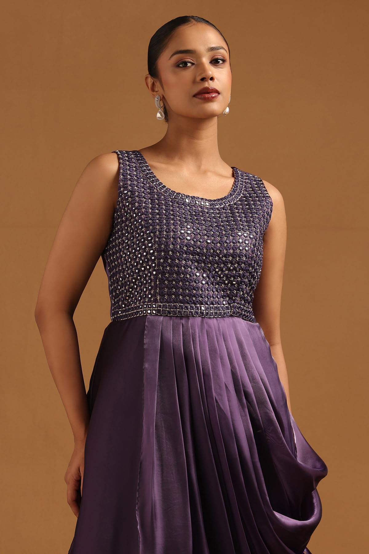Soch Womens Purple Tissue Embellished Gown with Mirror Work