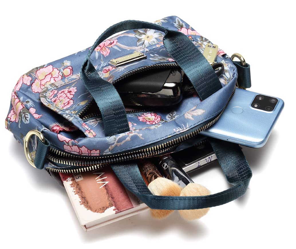 Diva Dale Multi-Compartments Nylon Water-Resistant Lightweight Designer Pattern Spacious Durable Travel Crossbody Sling Bag For Women And Girls (Grey Flower)