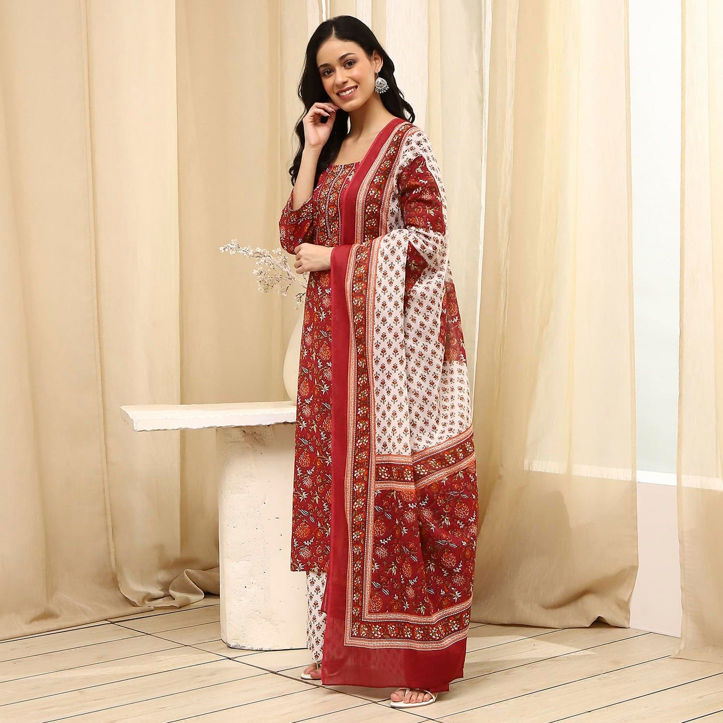 BIBA Women Brown Cotton Screen Print Unstitched Suit Set_FREE SIZE