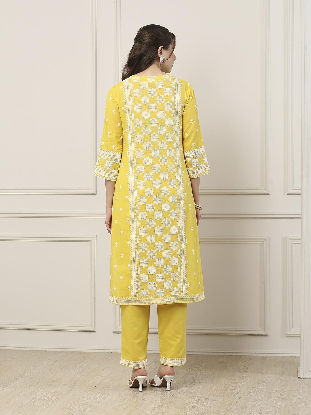 Biba Women Yellow Cotton Straight Suit Set_38