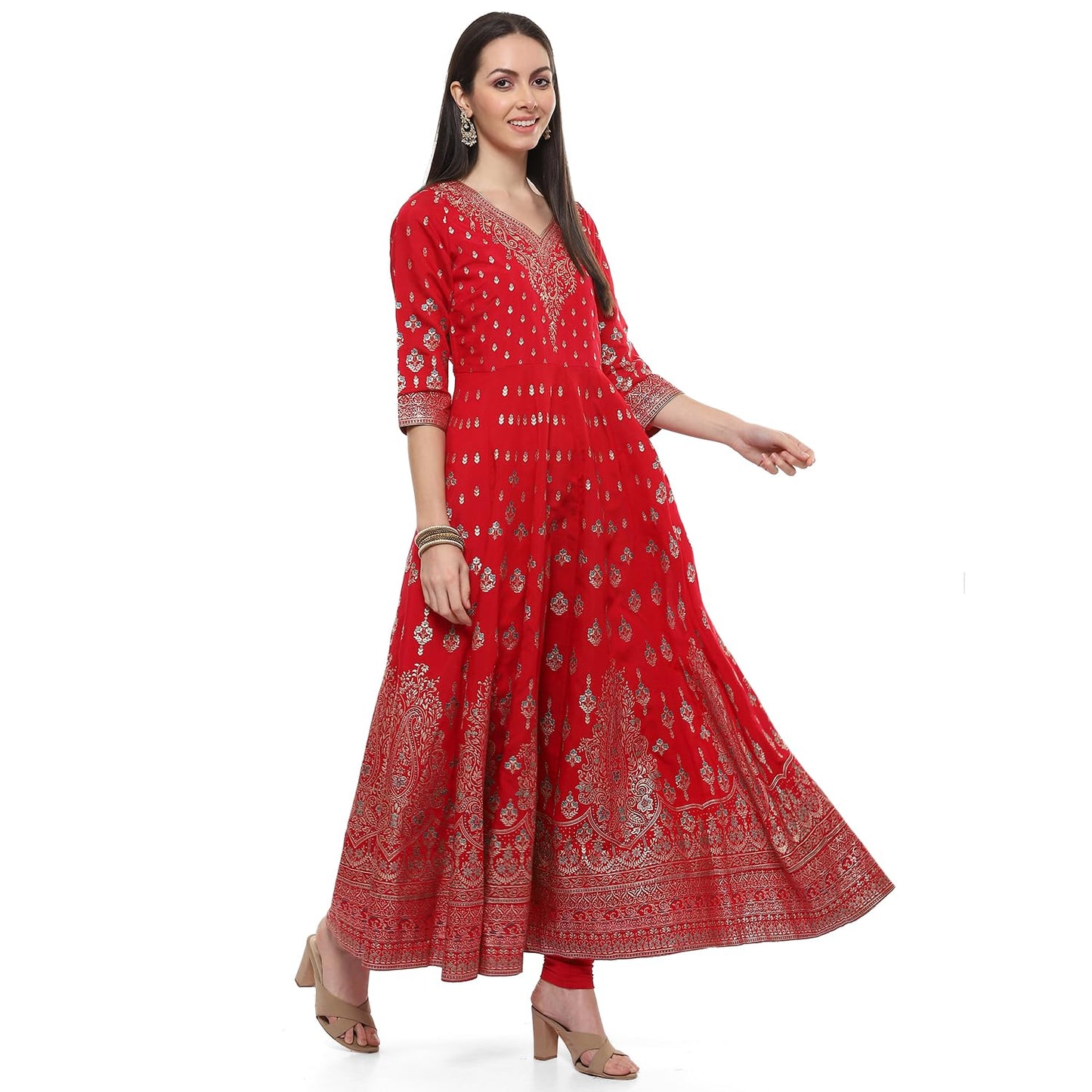 BIBA Women Printed Silk Anarkali Salwar Kurta Dupatta(Skddurgotsa8919_Red_36)