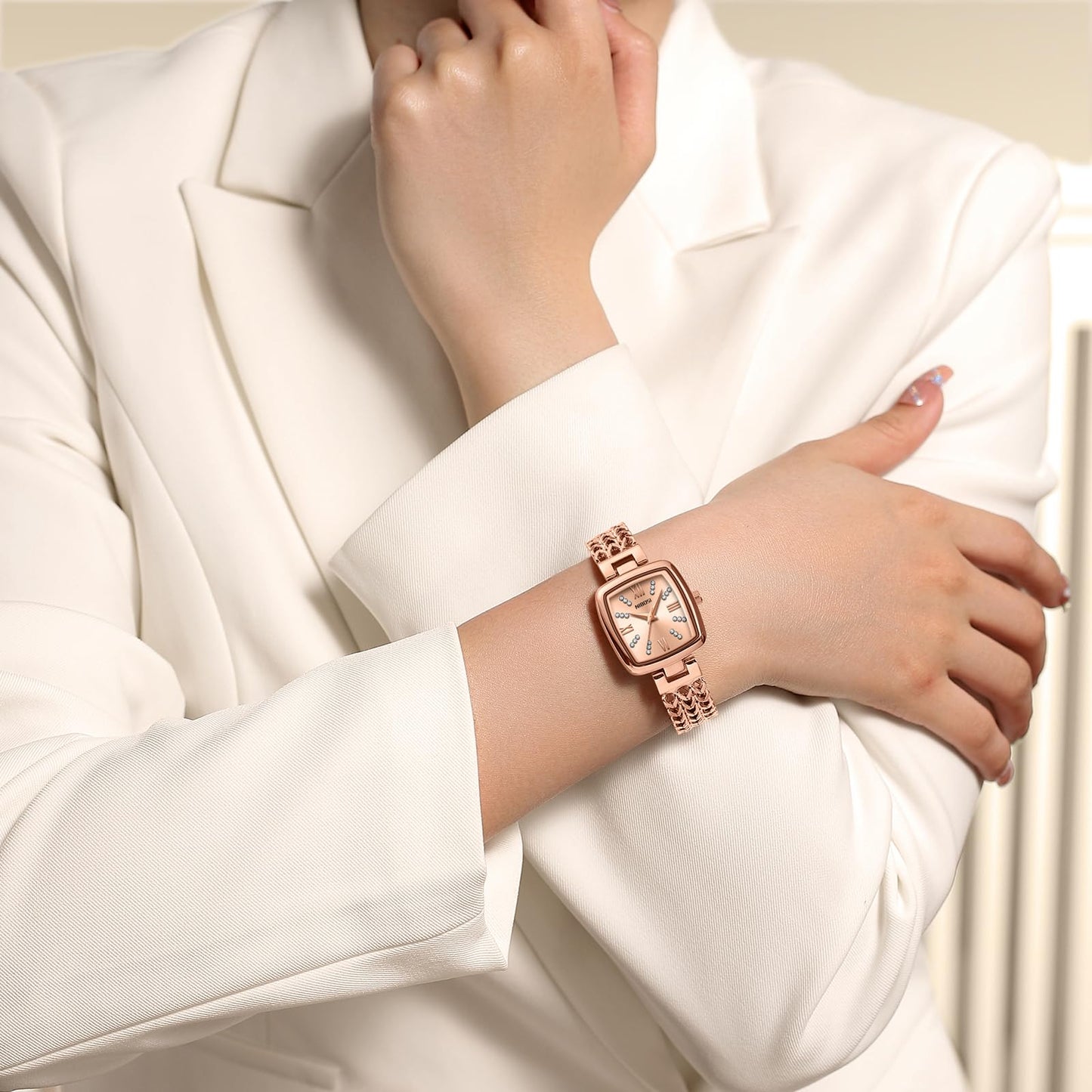 IBOSI Women Watches Analog Quartz Diamond Square Ladies Watch Stylish Elegant Waterproof Stainless Steel Jewelry Bracelet (Rose Gold)