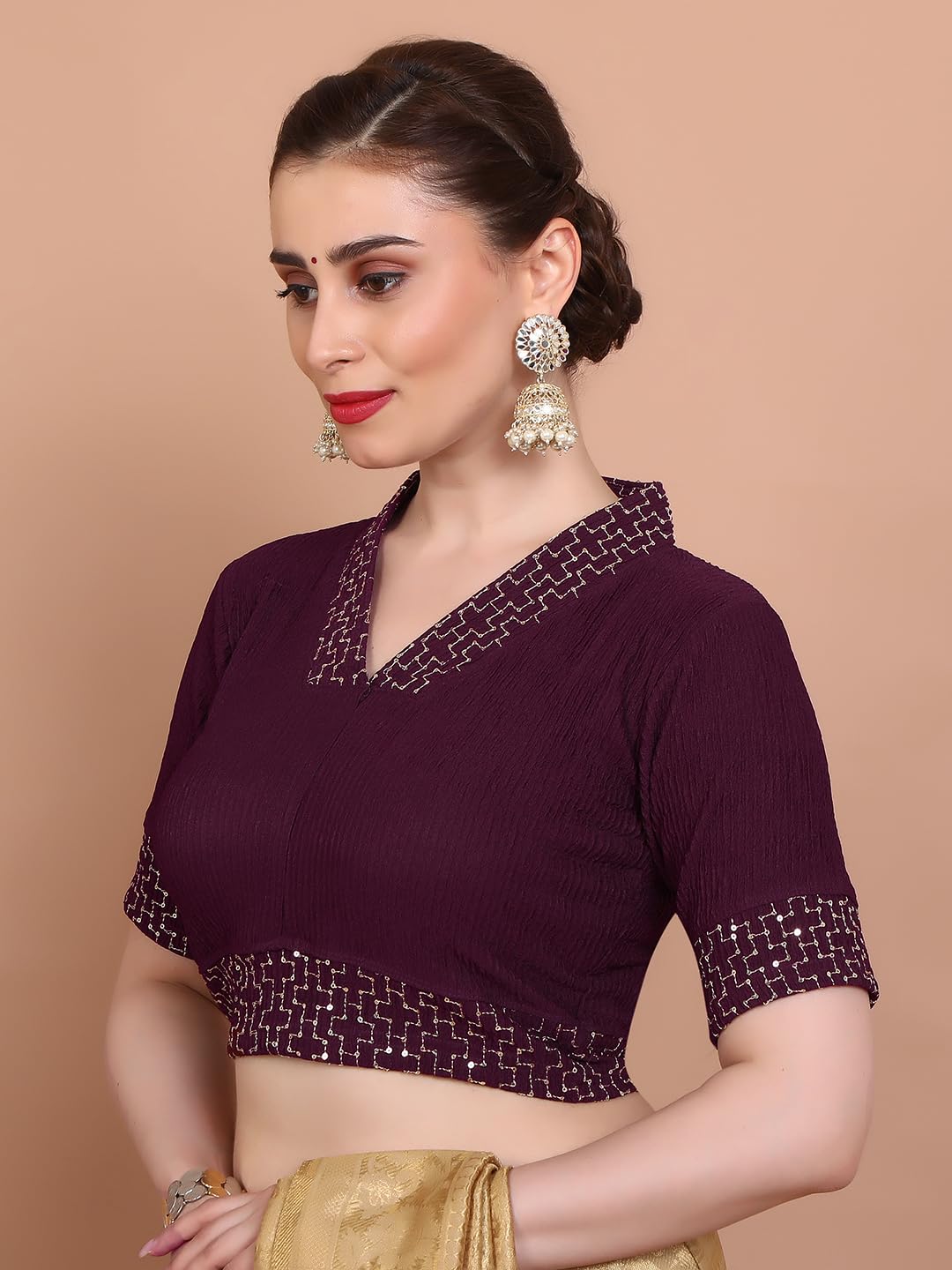 SALWAR STUDIO Wine Stretchable V Neck Non Padded Readymade Saree Blouse - to Fit Bust 32" to 38" Inches