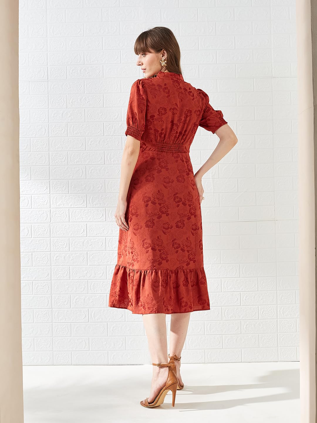 Latin Quarters Women's Red Half Sleeves Mandarin Collar Self Design Casual Midi Dress