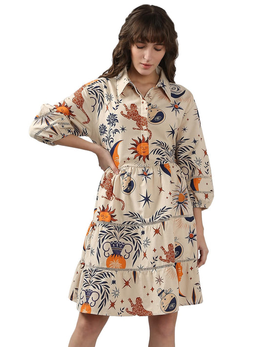 VERO MODA Women's Cotton Fit and Flare Off White Dress