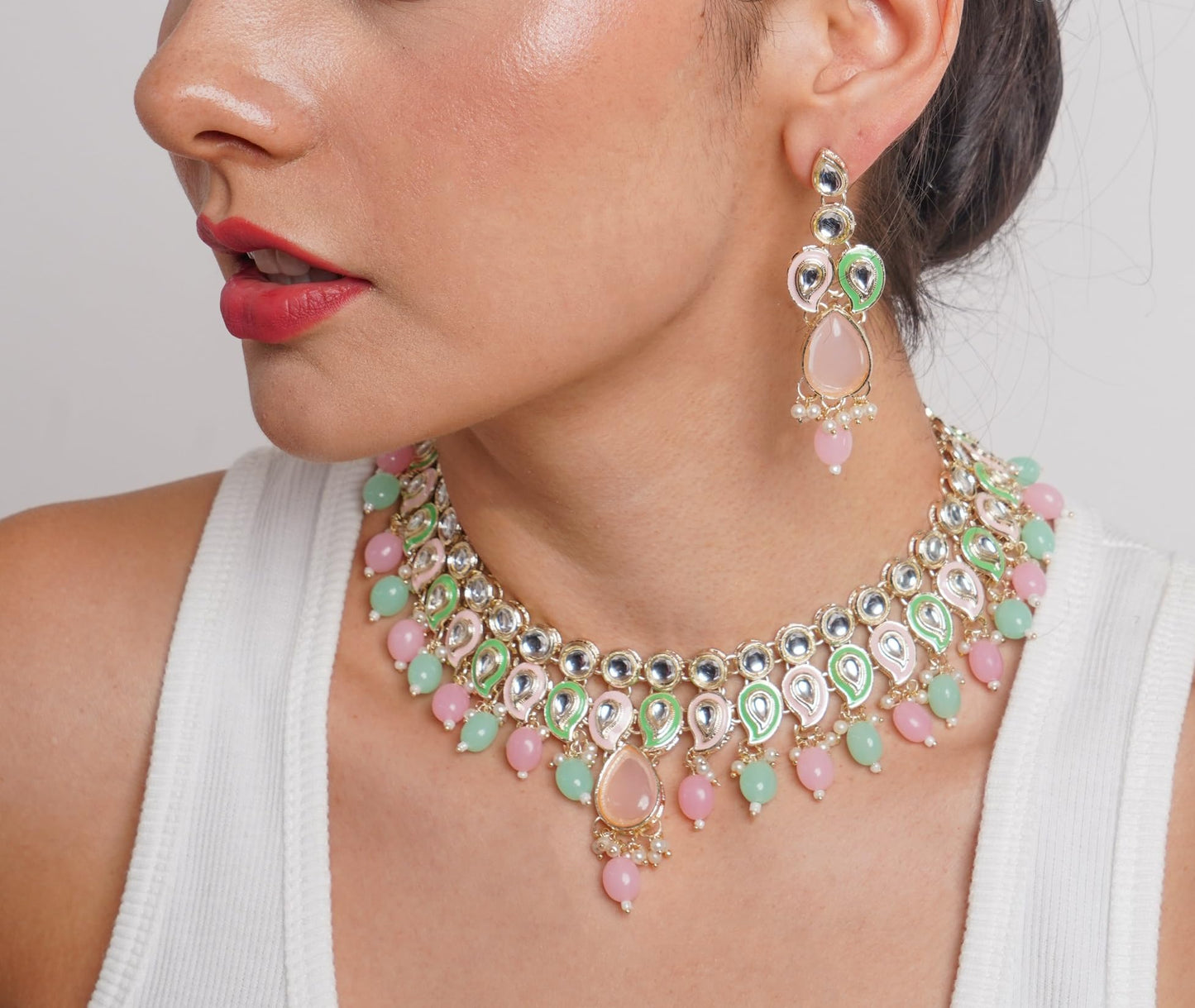 Divisha Fashion Jewelry Set - Indian Earrings, Necklace and Maangtika for Women, Pink Mint