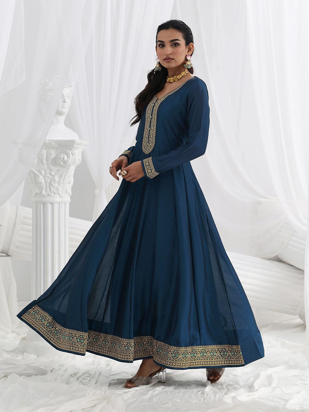 Libas Embroidered Silk Blend A-Line Ethnic Dress with Dupatta-93604L
