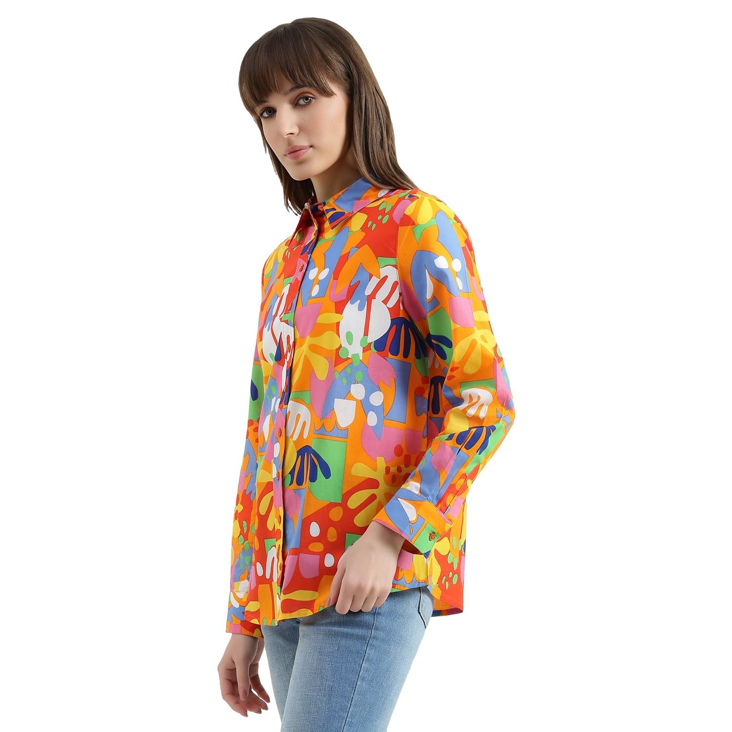 United Colors of Benetton Regular Fit Spread Collar Printed Shirt (Size : EL) - 26P5OA95Q8U5G901 Orange