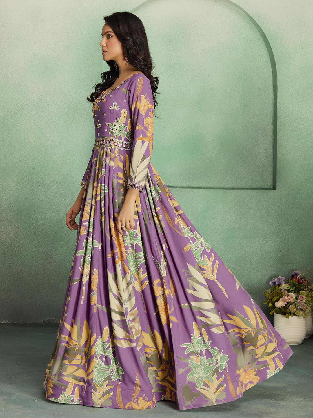 madhuram textiles Women's Rayon Print with Hand Embroidery Work Anarkali Long Gown(M-2543 Pink_4X-Large)