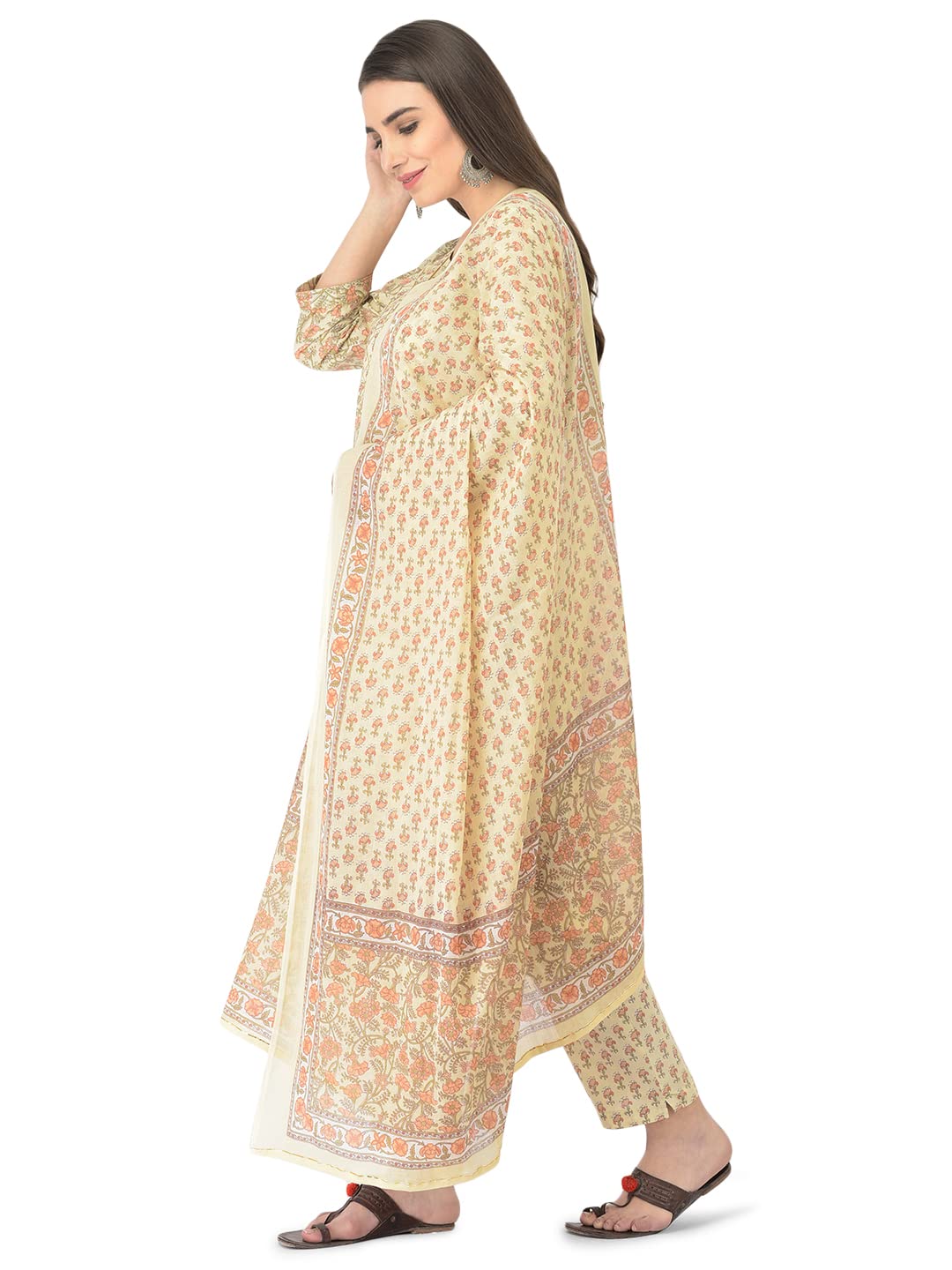 Pistaa's Women Cotton Straight Printed Suit Set (Cream, Large)