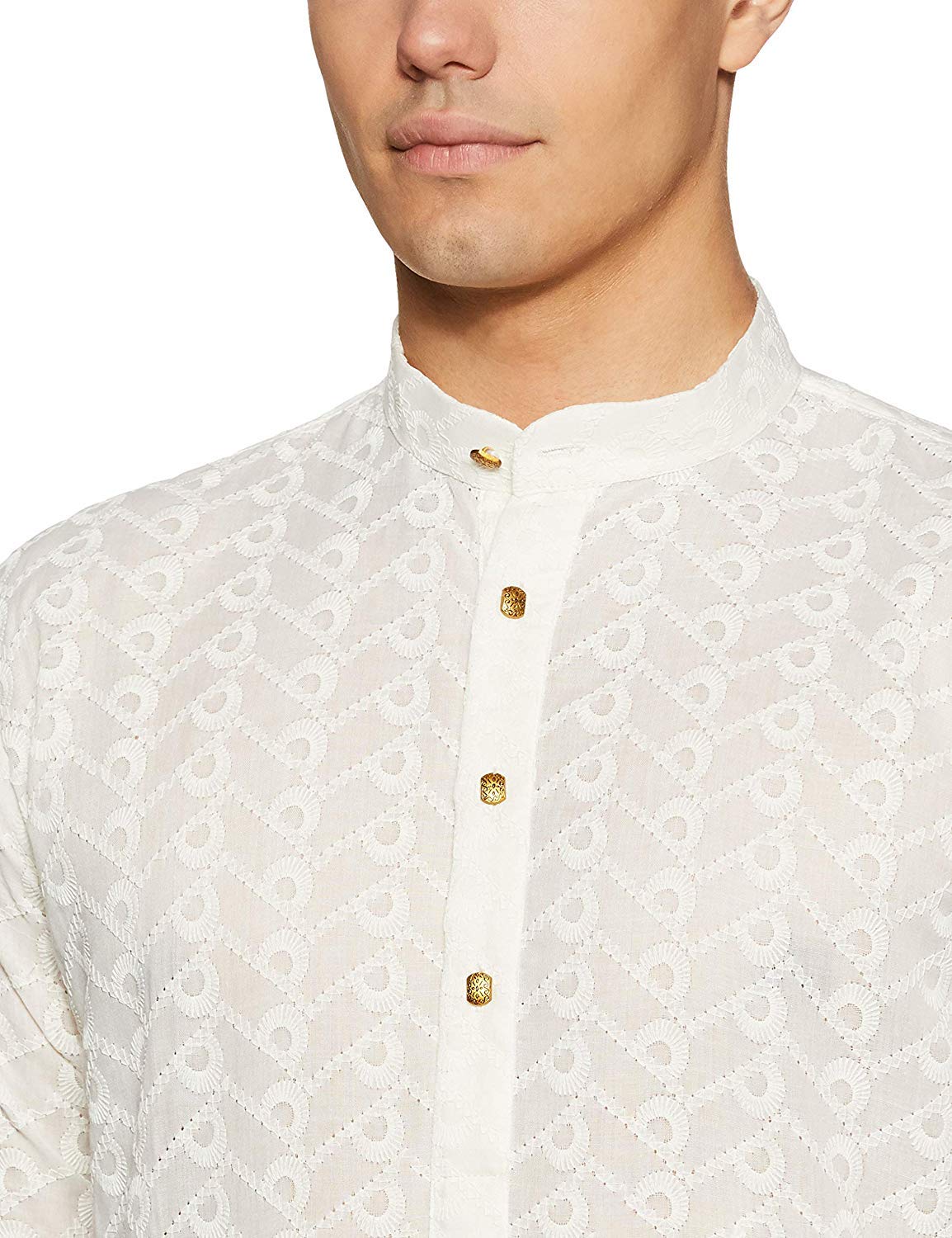 Royal Kurta Mens Chikan Embroidered Cotton Kurta Beige