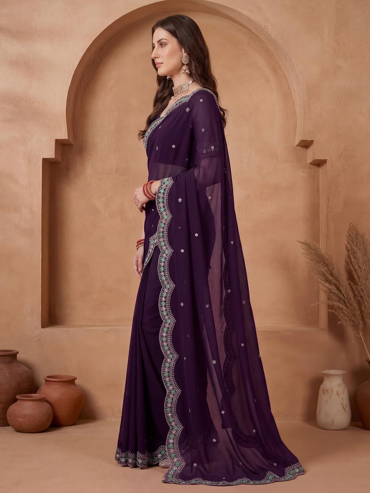 SIRIL Women's Chiffon Scalloped Border Embellished Sequins Embroidery Saree with Unstitched Blouse Piece (4995S1166A_Dark Wine)
