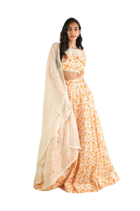 essaySumedha Agrawal Organza Satin Organza Santoon Lehenga Set for Women (Size: 6XL, Ivory & Orange)