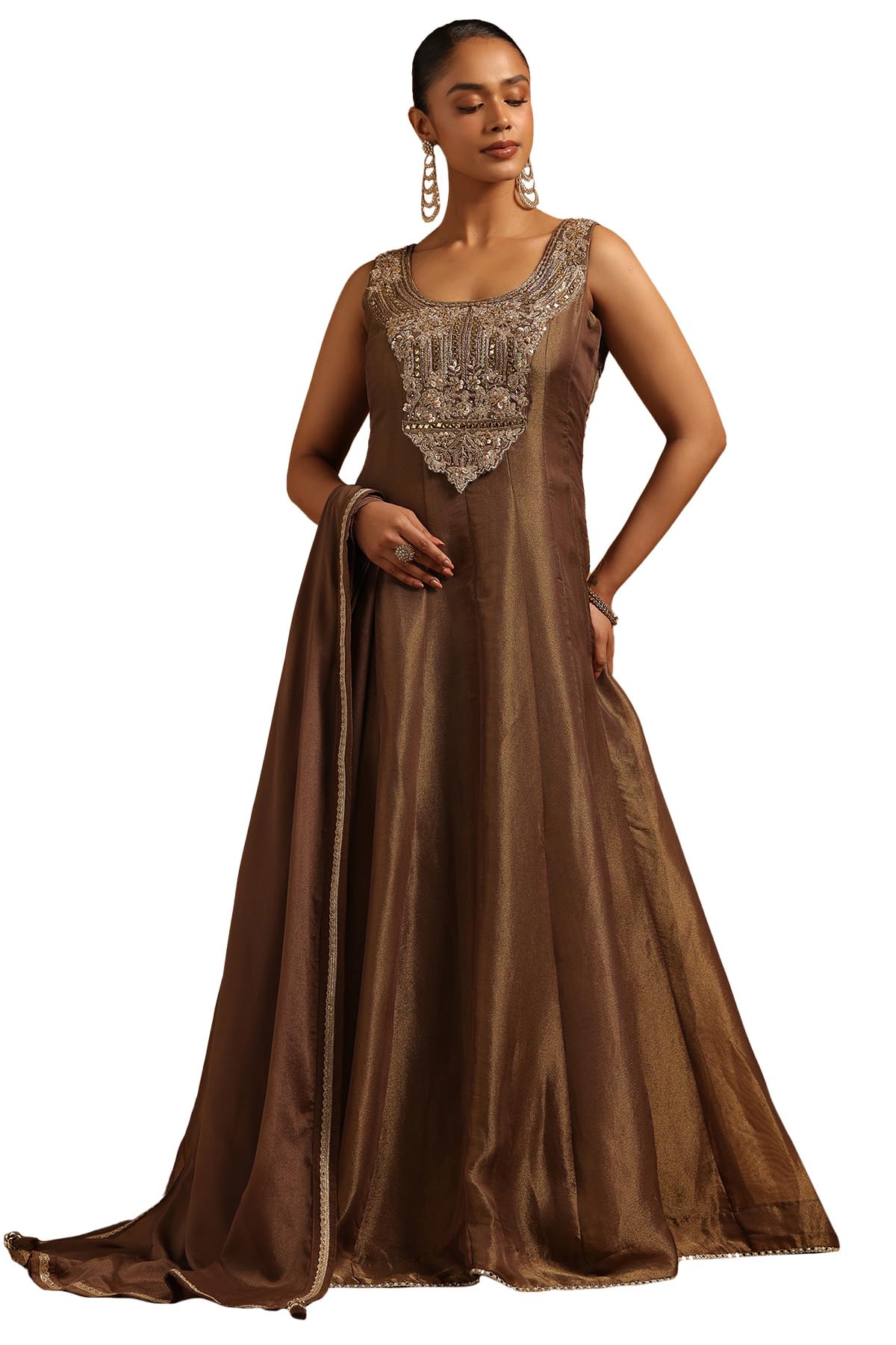 Soch Womens Olive Tissue Floral Gown with Beads and Stones