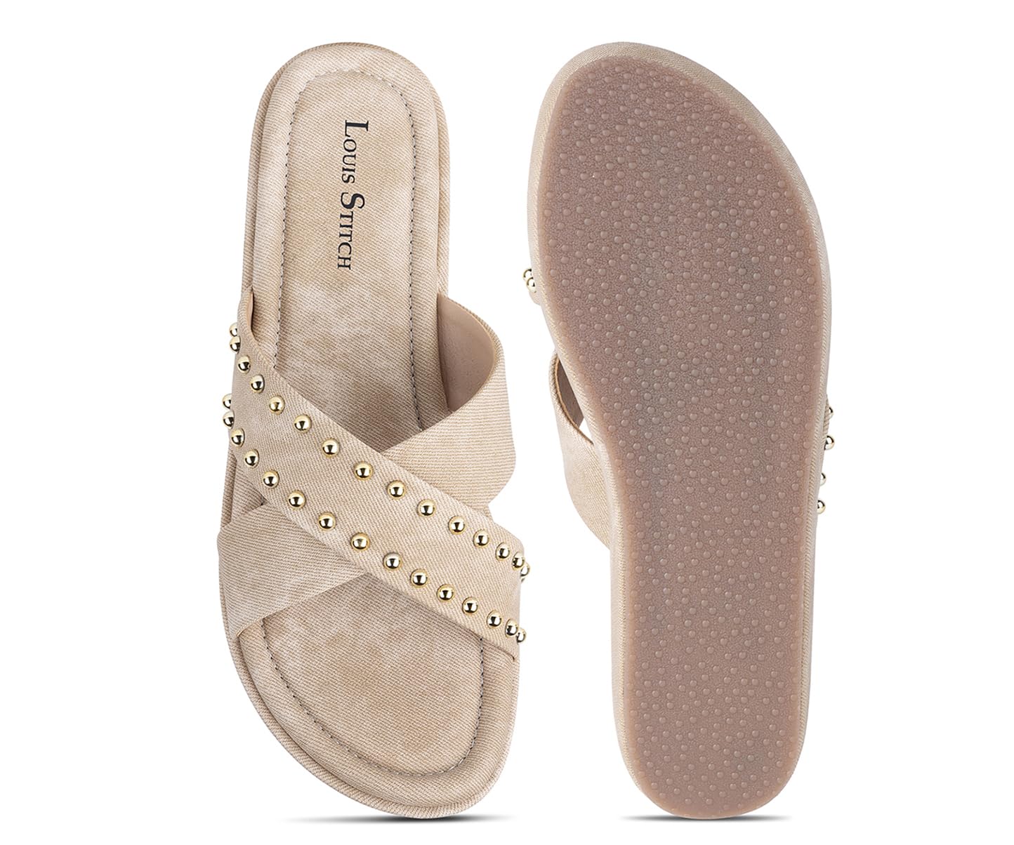 LOUIS STITCH Women's Stylish Beige Flat Sandals with Cross Strap & Beaded Embellishments – Perfect for Office | LSOF-LDSL-BDCSBG