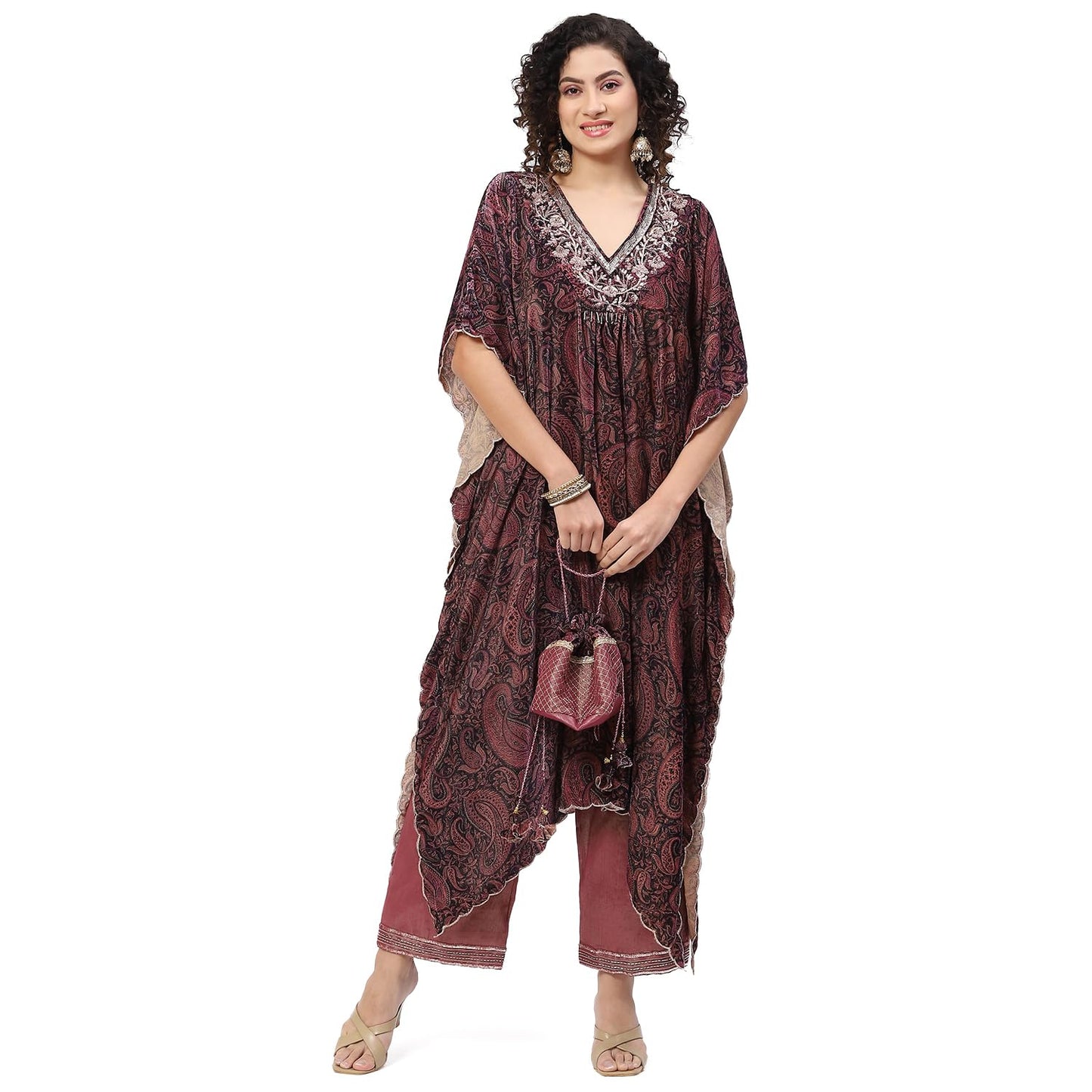BIBA Women Polyester Printed Straight Salwar Kurta Dupatta(Skdkaftan8311_Purple_42)
