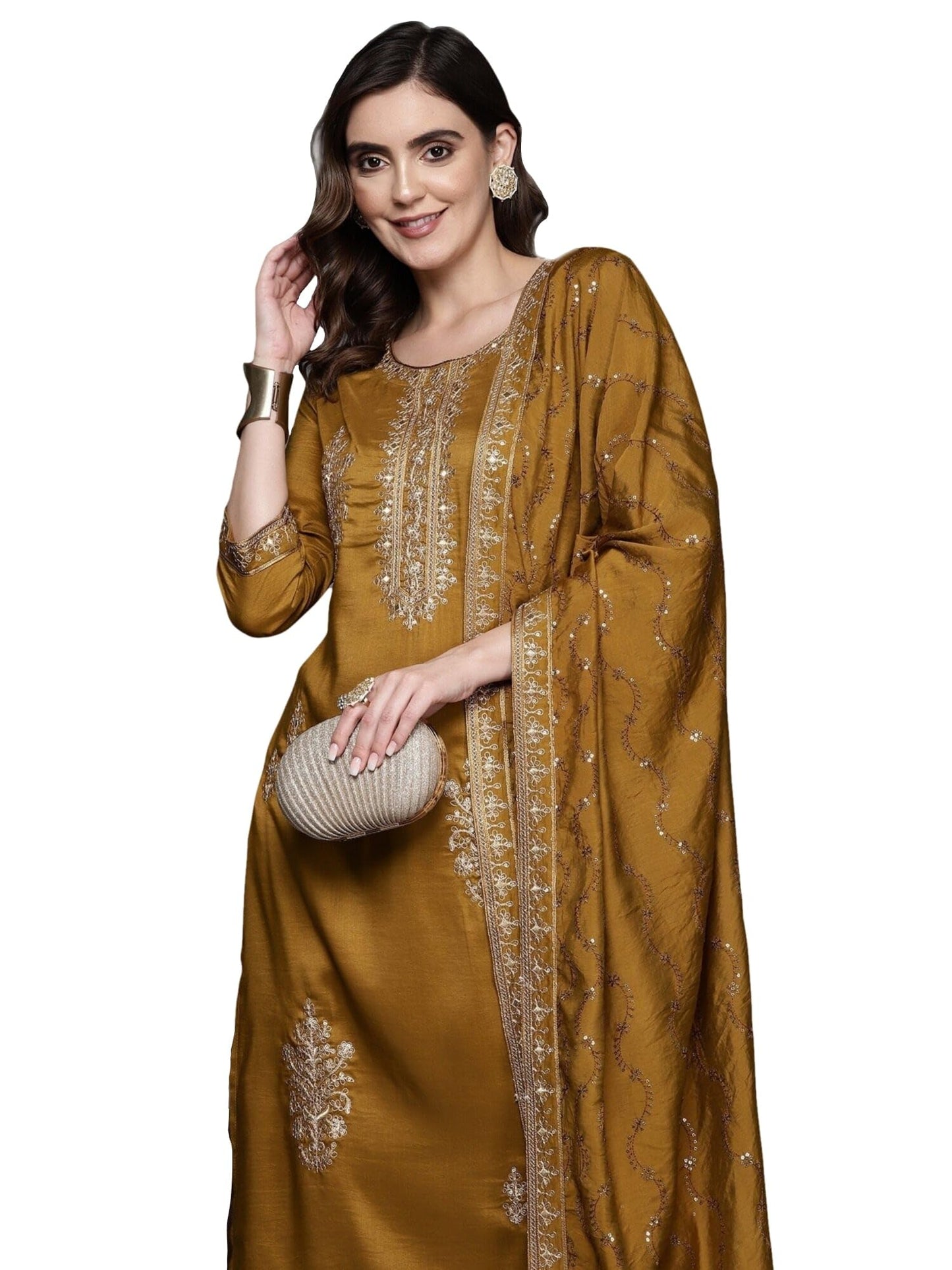 INDO ERA Silk Blend Mustard Straight Embroidered Kurta Pant with Dupatta Set for Women (Kh9Mt7107_X-Small)