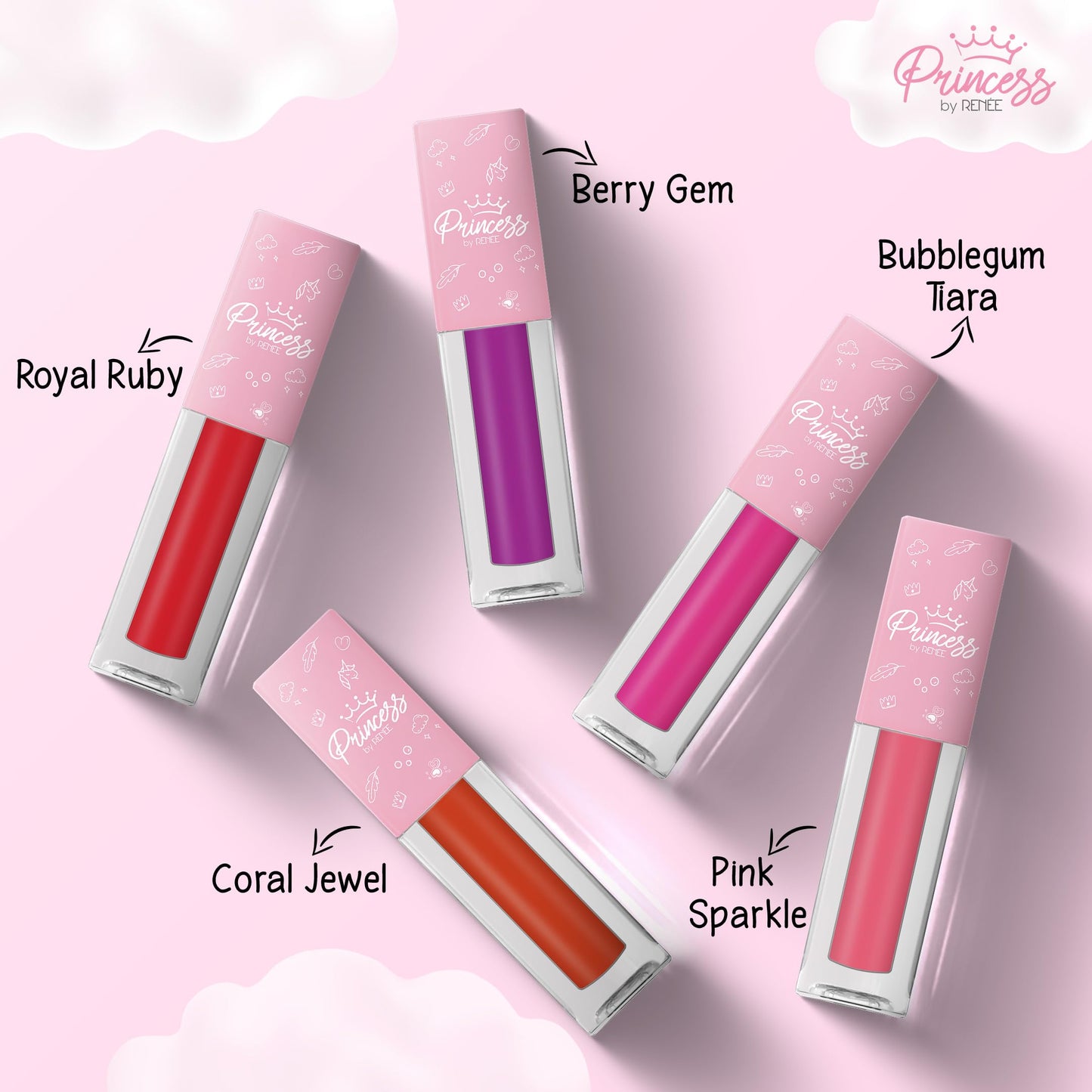 Princess by RENEE Royal Shine Lip Gloss Set, Soft, Shiny & Nourishing, Lightweight, Non-Sticky, Enriched with Strawberry Seed Oil, Jojoba & Avocado Oil, 5 Gentle Shades for Young Lips, 1.2Ml Each