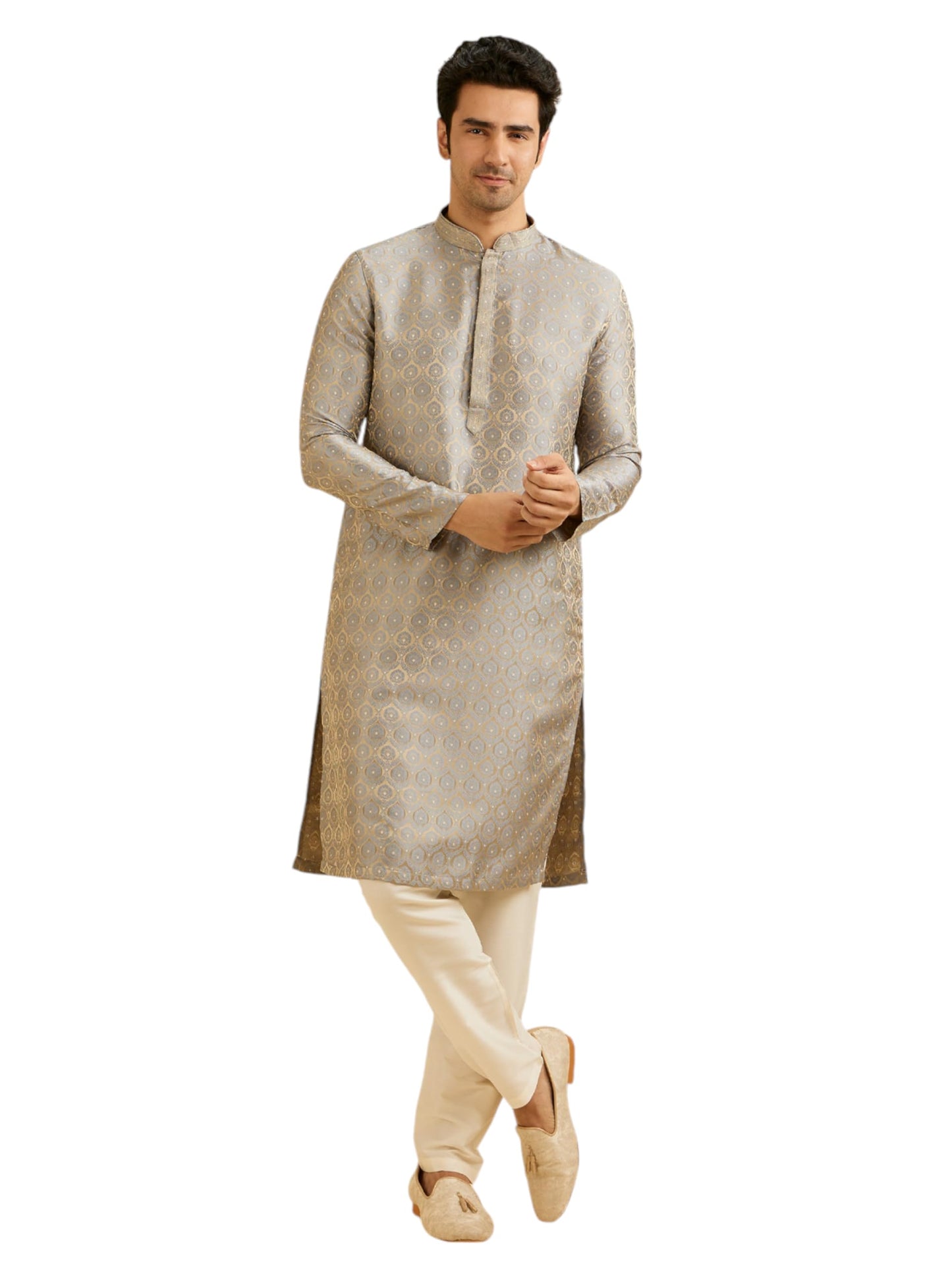 Manyavar Men's Brocade Self Design Kurta Set (Green,L)