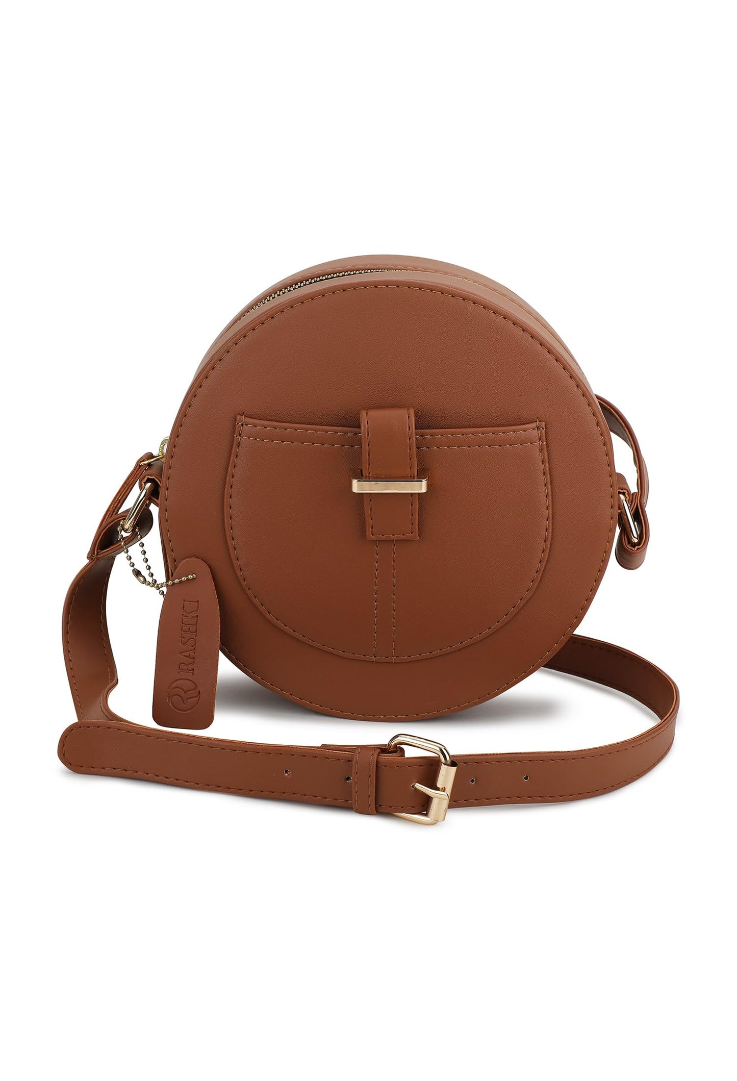 RASHKI TERRA - Womens Vegan Leather Sling Bag| Spacious Compartment| Perfect for Daily Use| Travel | Party| Round Bag | Zipper closure (TAN)