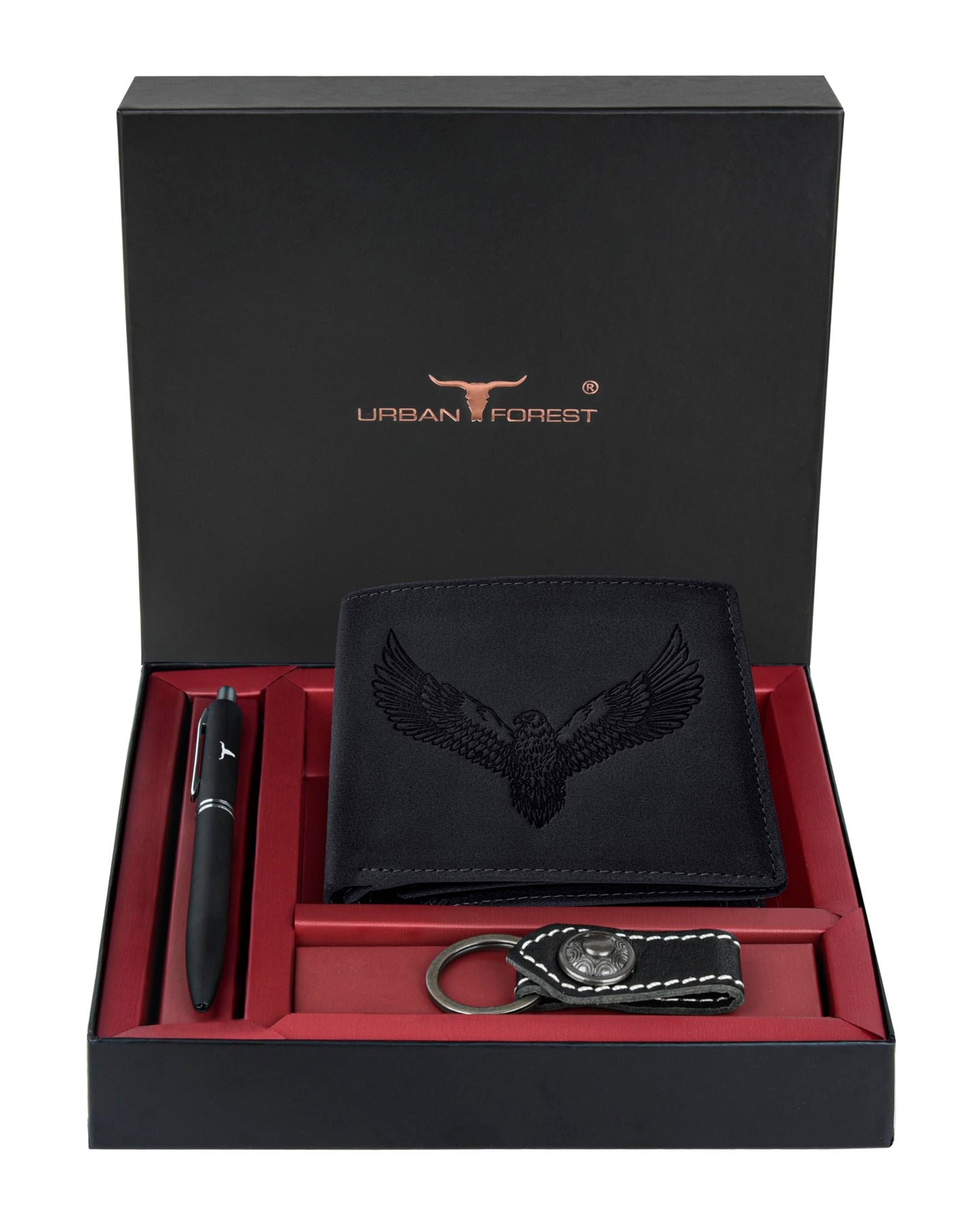 URBAN FOREST Zev Vintage Black Leather Wallet, Black Pen & Keychain Combo Gift Set for Men
