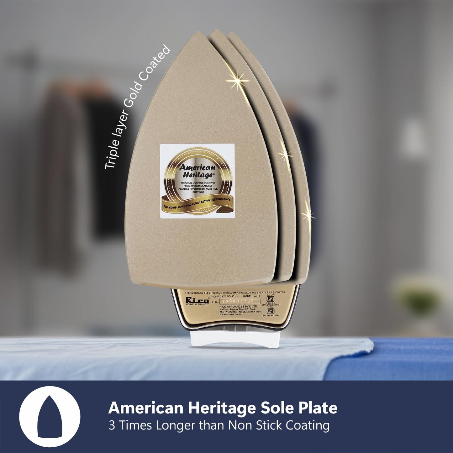 Rico 1000W 1.5KG Heavy Weight Dry Iron With 2 Years Replacement Warranty | Japanese Quick Heat Technology with Advance Sole Plate Iron Press | Shock Proof Iron Box for Clothes | Made In India - AI11