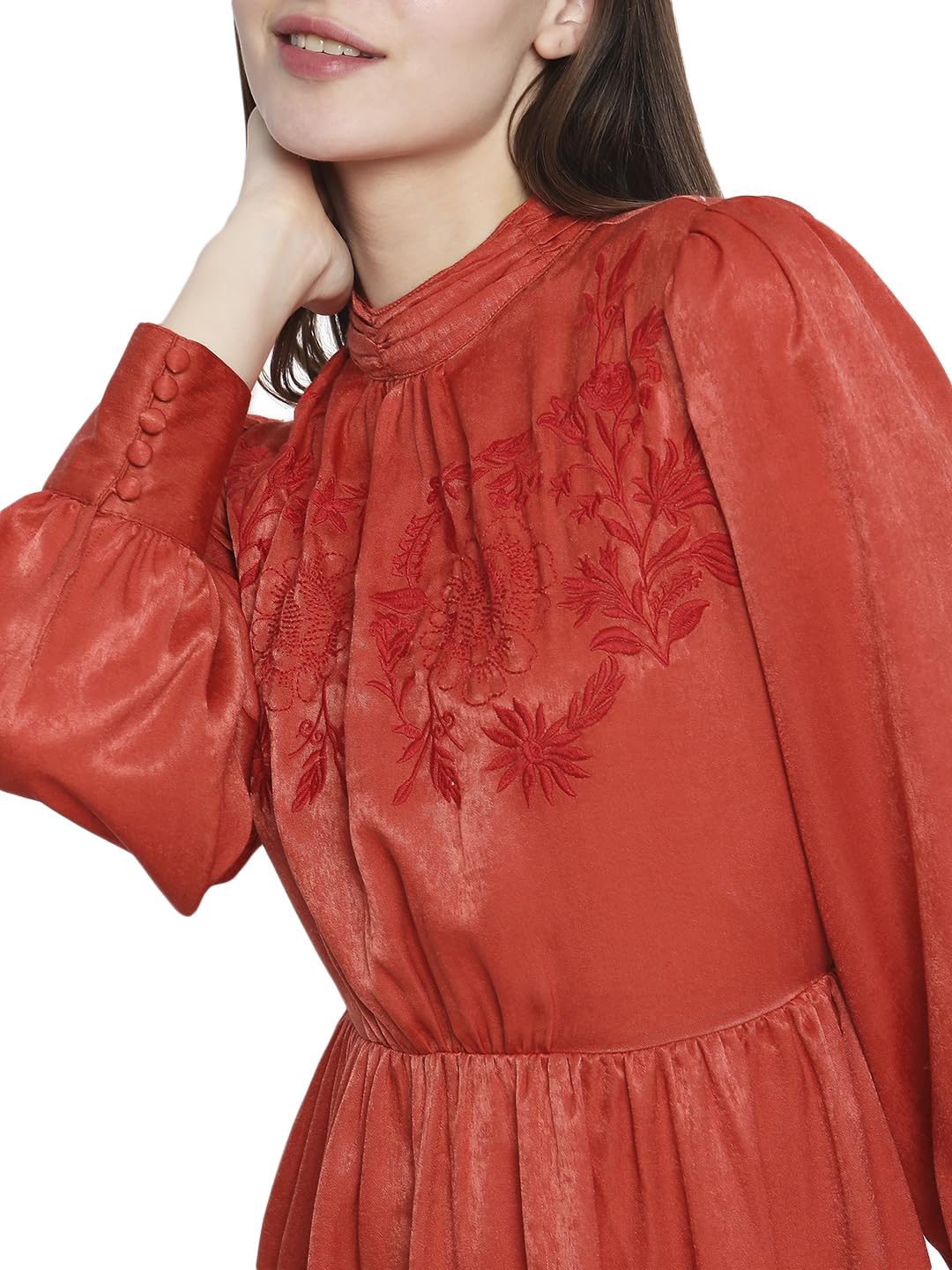 VERO MODA Women's Polyester A-Line Knee-Length Dress (10299553-Burnt Sienna_Burnt M) Orange