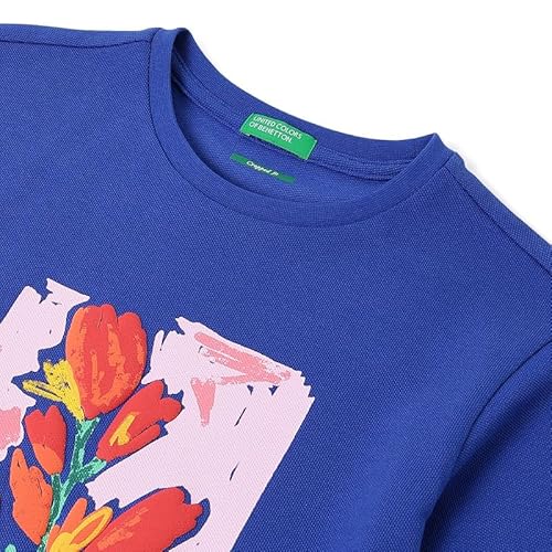 United Colors of Benetton Cropped Fit Round Neck Graphic Print T-Shirt Blue
