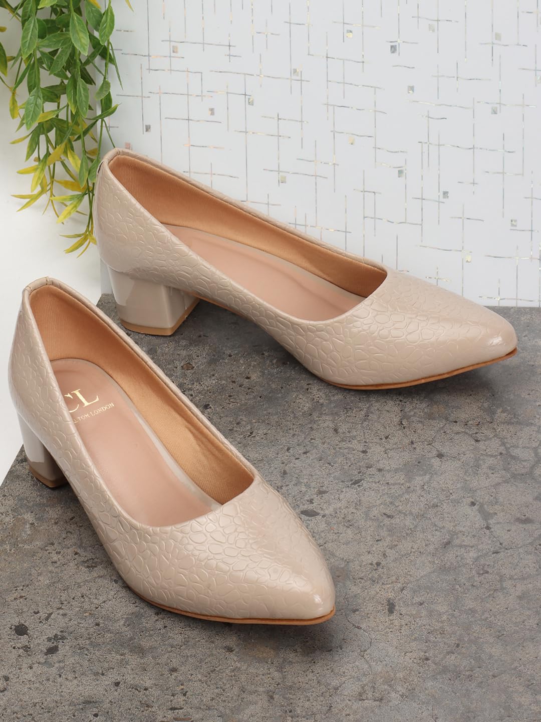 Carlton London Women Beige Stylish Slip-on Pump Shoes with Block Heels, Pointed Toe for Party and Formal Occasions (39)