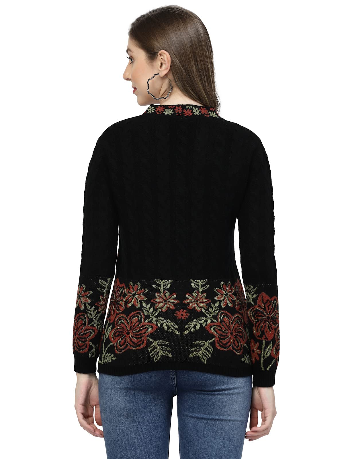 Kalt Women Sweater for Winter Woolen Acrylic Full Sleeves V-Neck Floral Design Cardigan Sweater for Women Winter Woollen Stylish(Black;5XL)