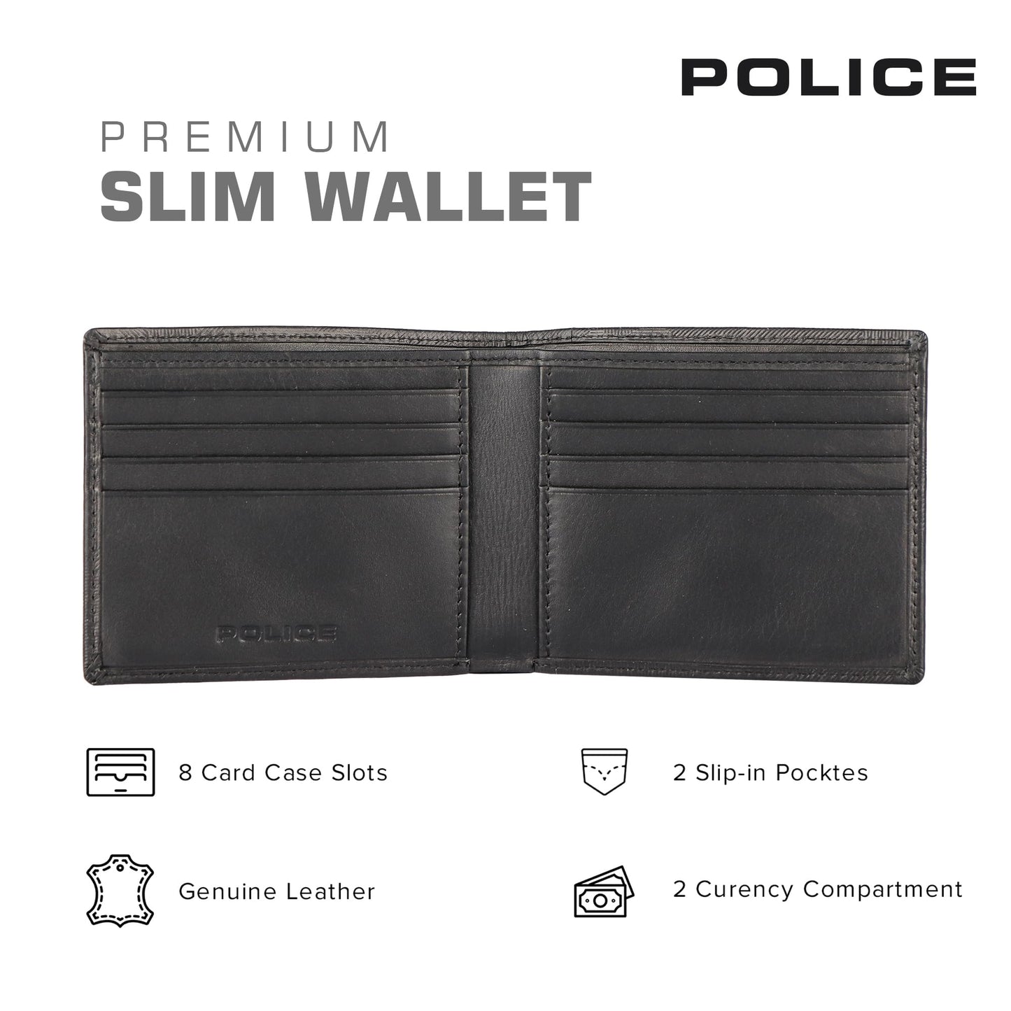 Police Men's Genuine Camou Leather Slim Wallet | 8 Card Slots with 2 Currency Compartments | Elegant, Durable & Functional | Ideal for Everyday Use & Gifting I Jet Black