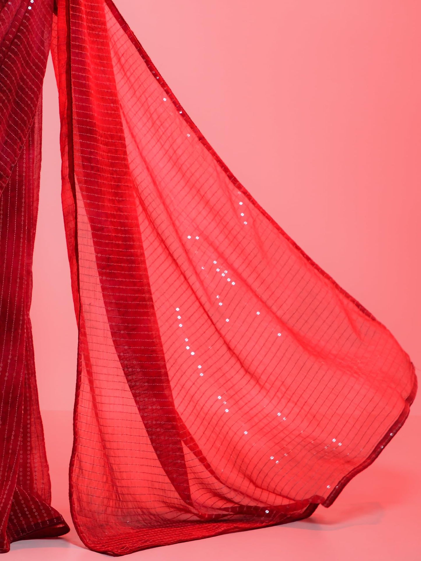 AKHILAM Women's Embellished Sequins Georgette Saree With Unstitched Blouse Piece (Red_PRIZAM153_VP)