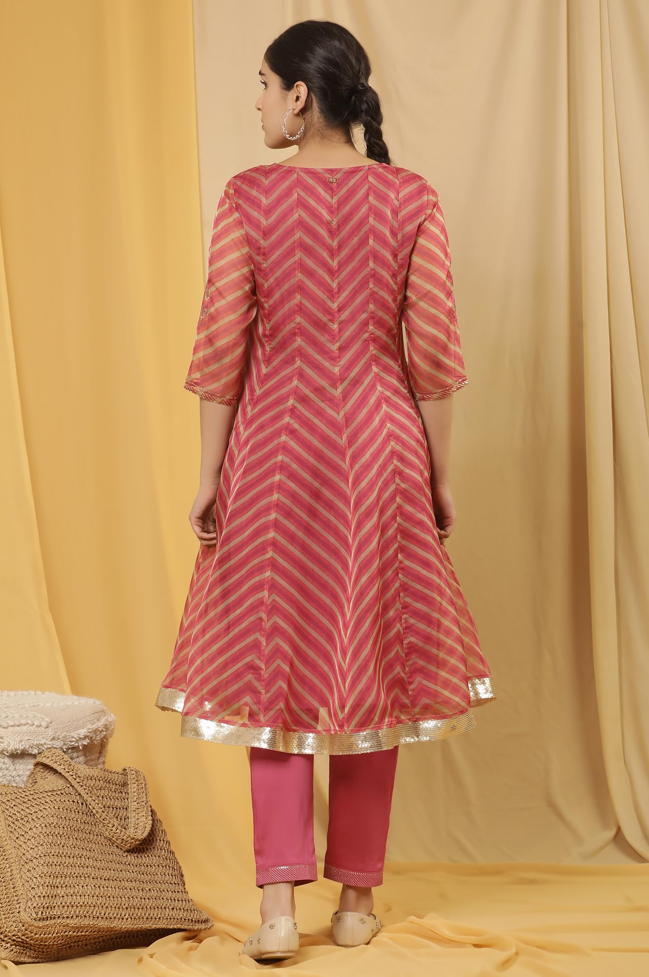 W for Woman Pink Festive Striped Print Organza Flared Kurta Set with Straight Pant_24FEWS19928-121974_XL