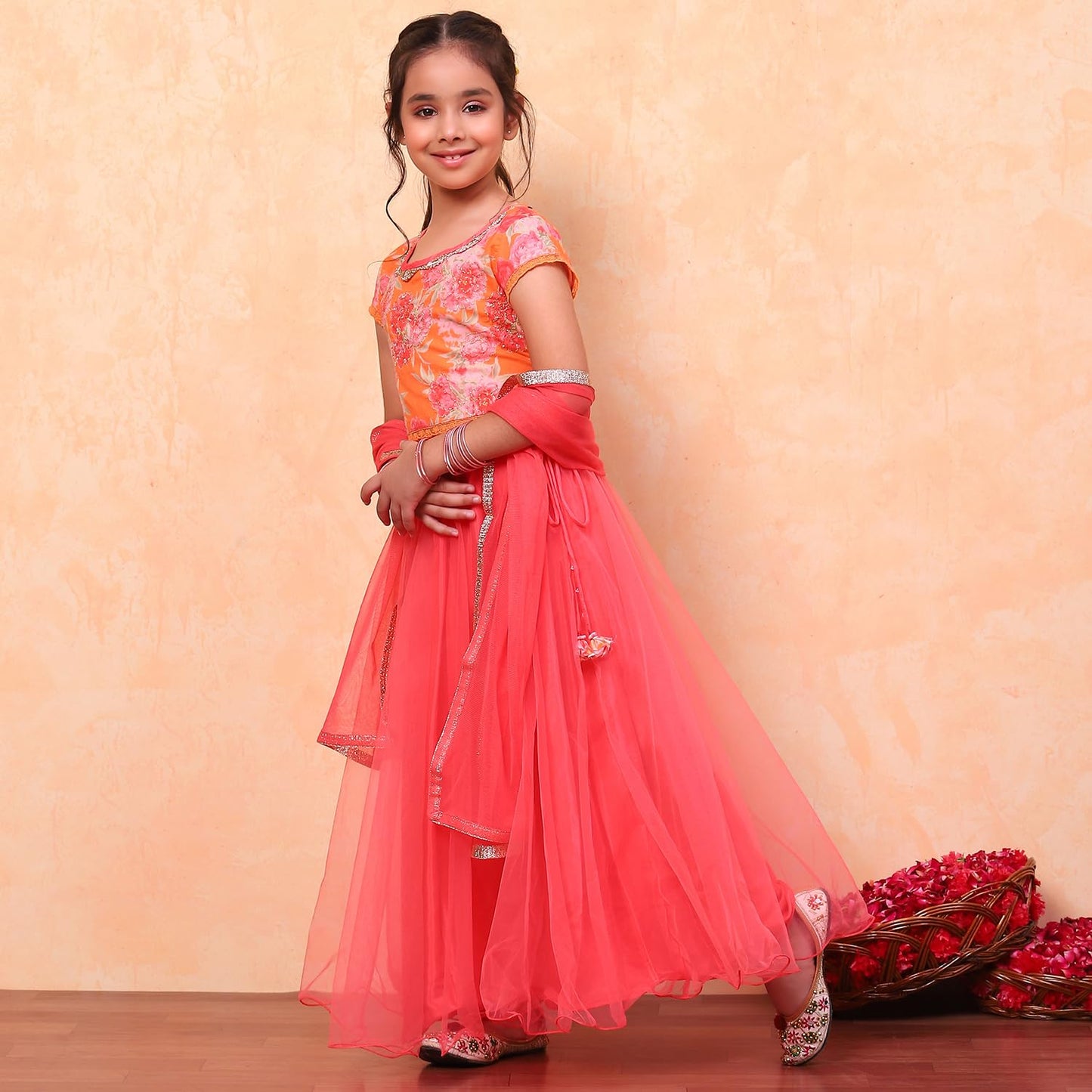 Biba Girls Orange Flared Cotton Printed Lehenga Choli set