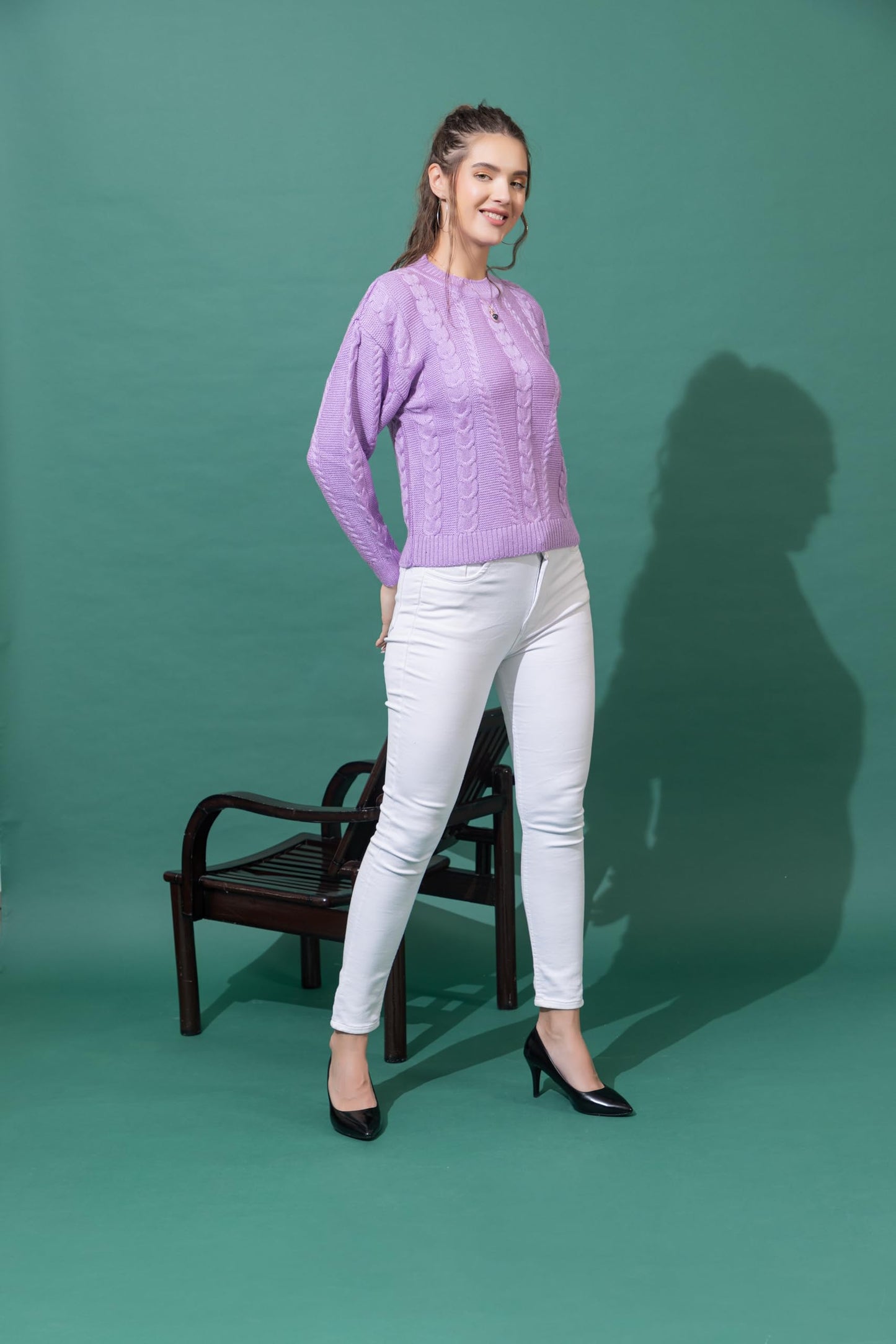 Wear lusso Women Sweater for Winter Woolen Full Sleeves Round Neck Cable Design Stylish Sweater for Winter Season (in, Alpha, L, Lavender)