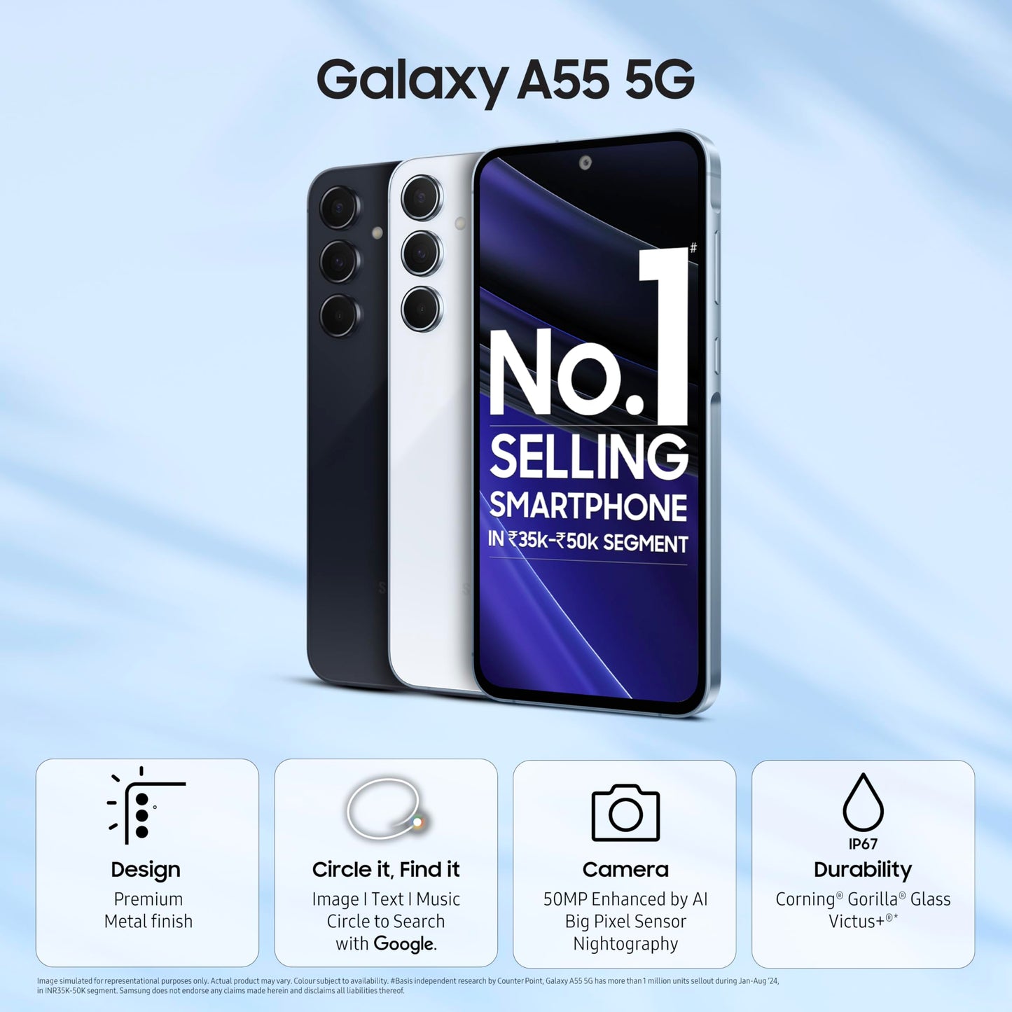 Samsung Galaxy A55 5G (Awesome Iceblue, 8GB RAM, 256GB Storage) | Metal Frame | 50 MP Main Camera (OIS) | Nightography | IP67 | Corning Gorilla Glass Victus+ | sAMOLED with Vision Booster