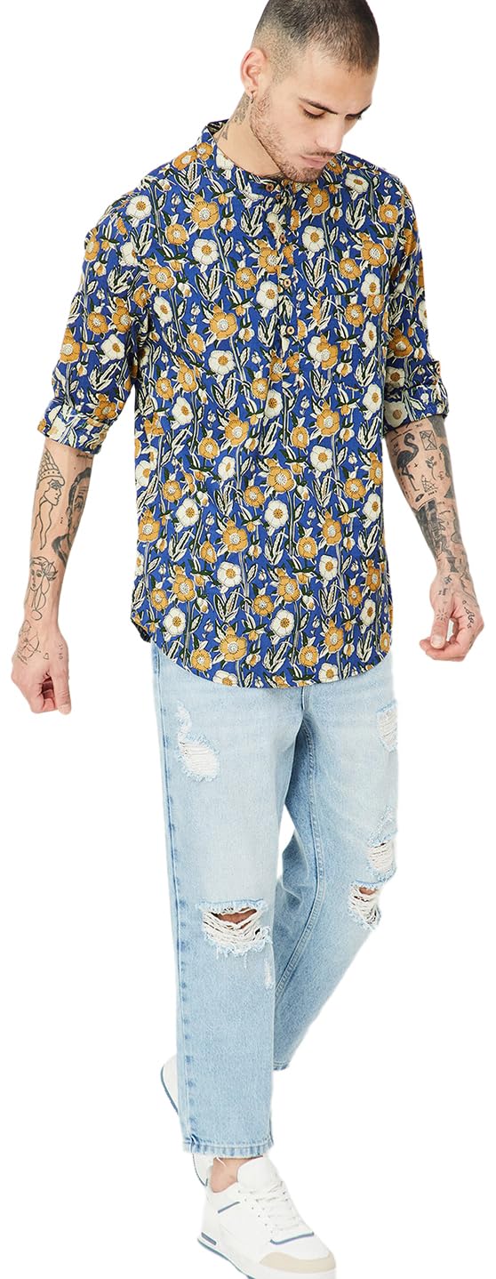 Men Printed Short Kurta, Blue, L
