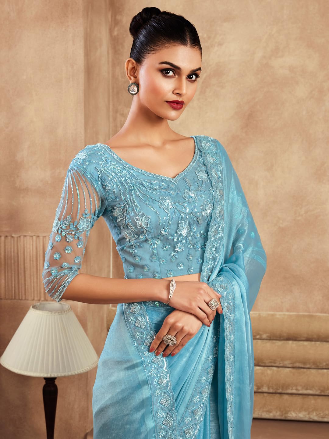 AKHILAM Women's Light Blue Chiffon Sequins Embellished Saree with Unstitched Blouse Piece (SRVATN7902_TFH)