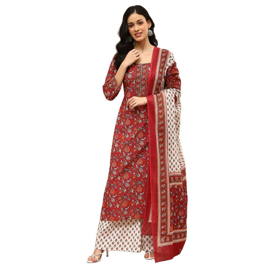 BIBA Women Brown Cotton Screen Print Unstitched Suit Set_FREE SIZE
