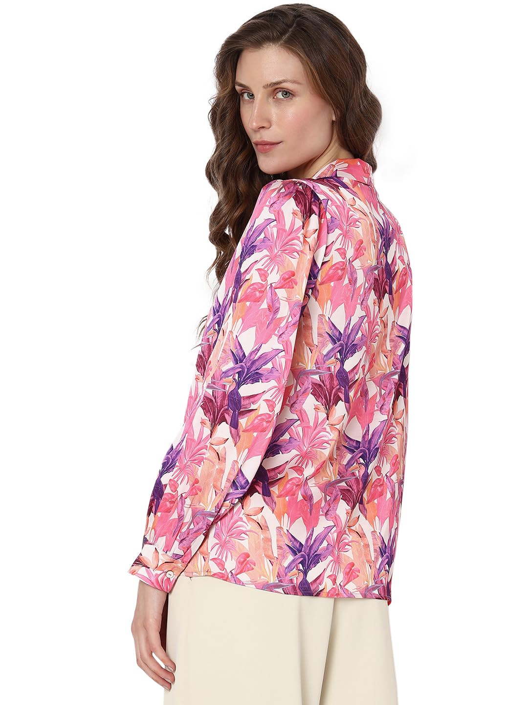 VERO MODA Women Tropical Polyester Regular Fit Pink Shirt