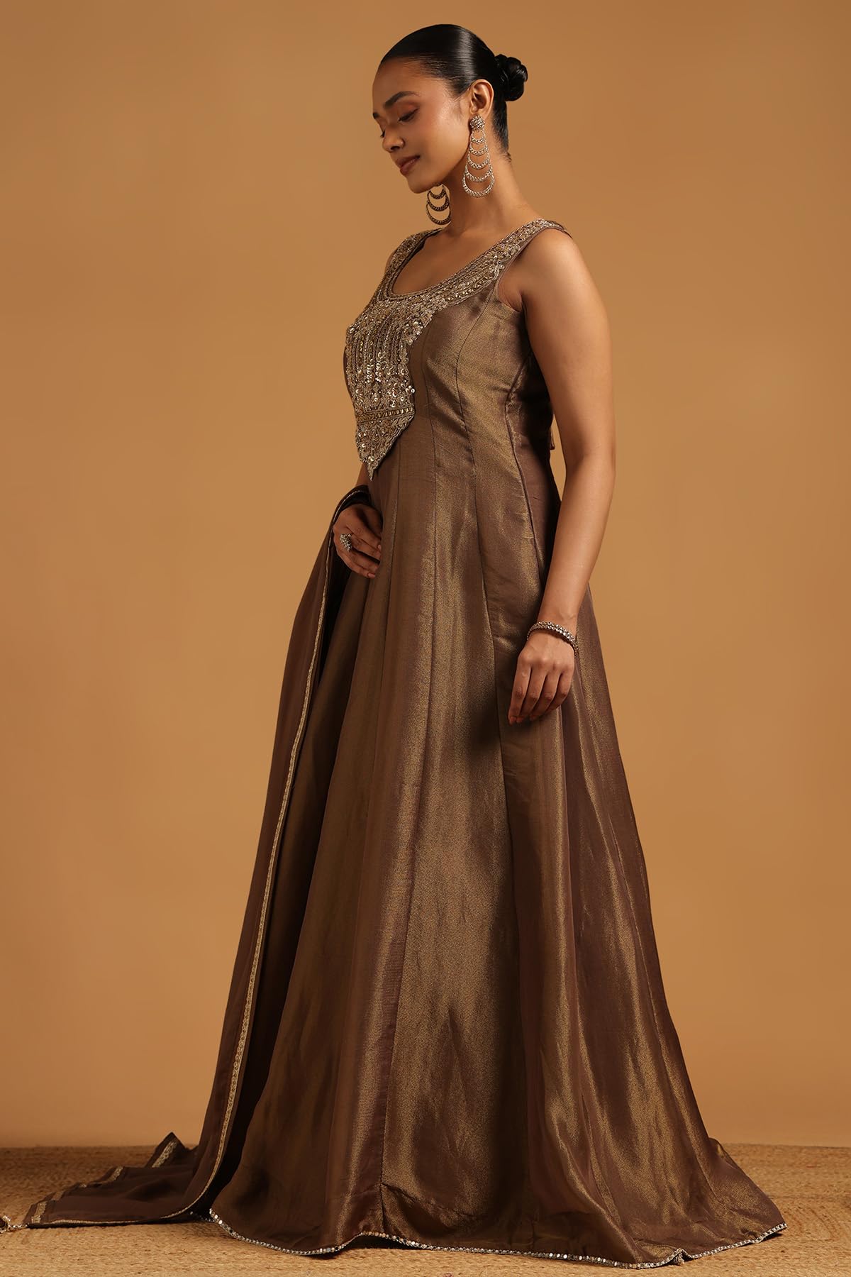 Soch Womens Olive Tissue Floral Gown with Beads and Stones