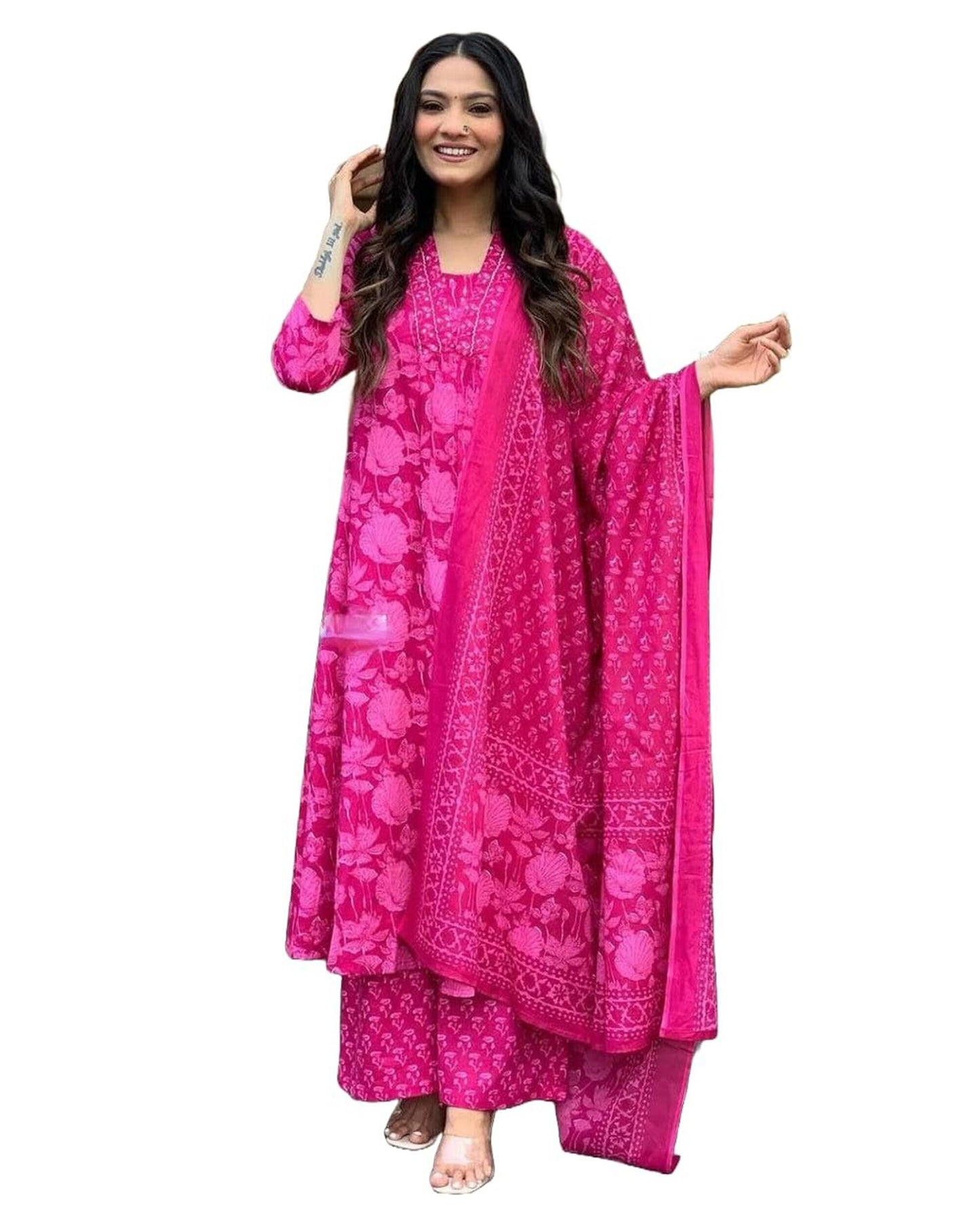 Modestouze Attires Women's Rayon Floral Printed Salwar Suit Set | V Neck 3/4 Sleeve Fit Flared Calf Length Kurta and Cotton Dupatta with Printed Palazzo | MA-K207-PINK-XXL