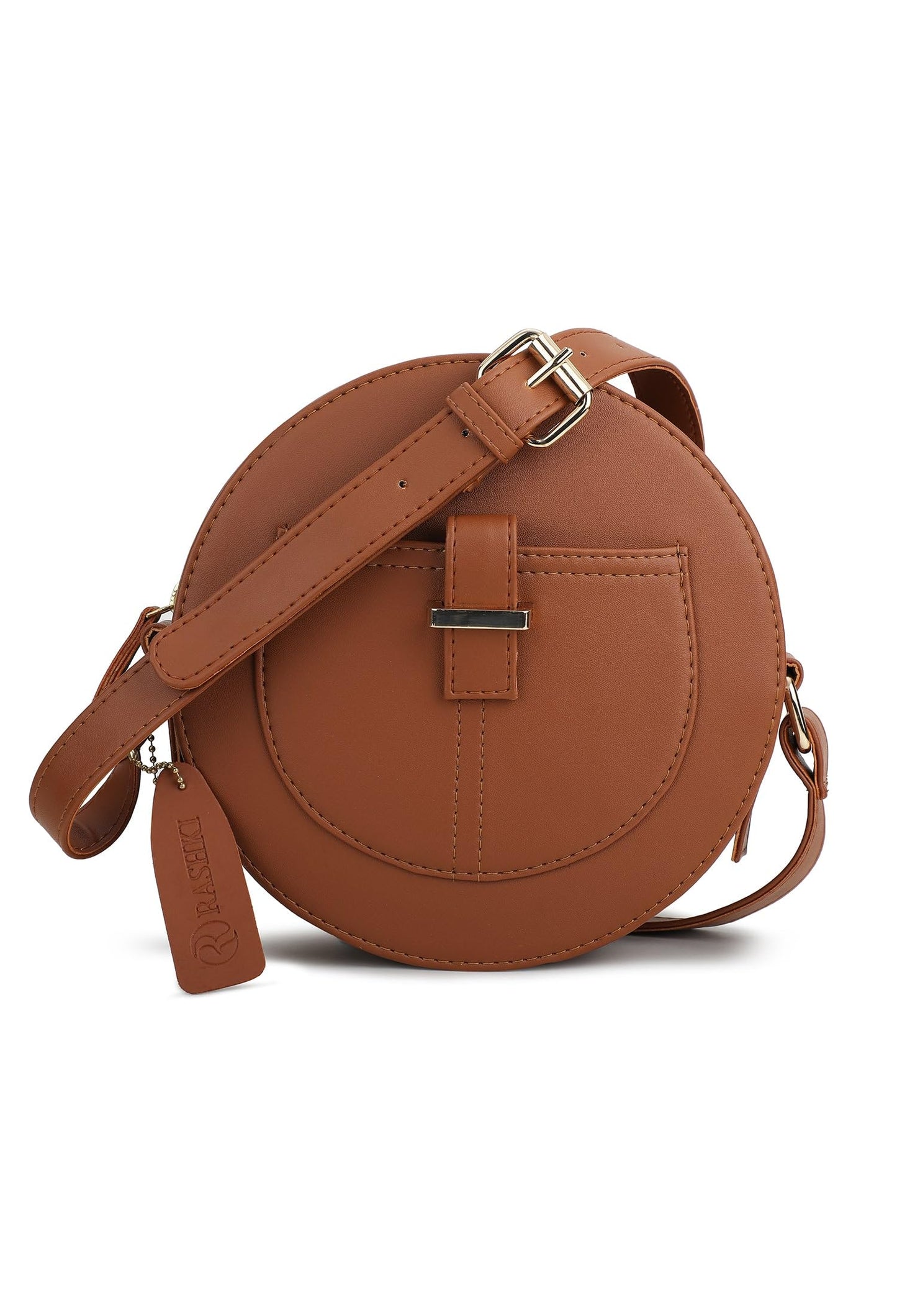RASHKI TERRA - Womens Vegan Leather Sling Bag| Spacious Compartment| Perfect for Daily Use| Travel | Party| Round Bag | Zipper closure (TAN)