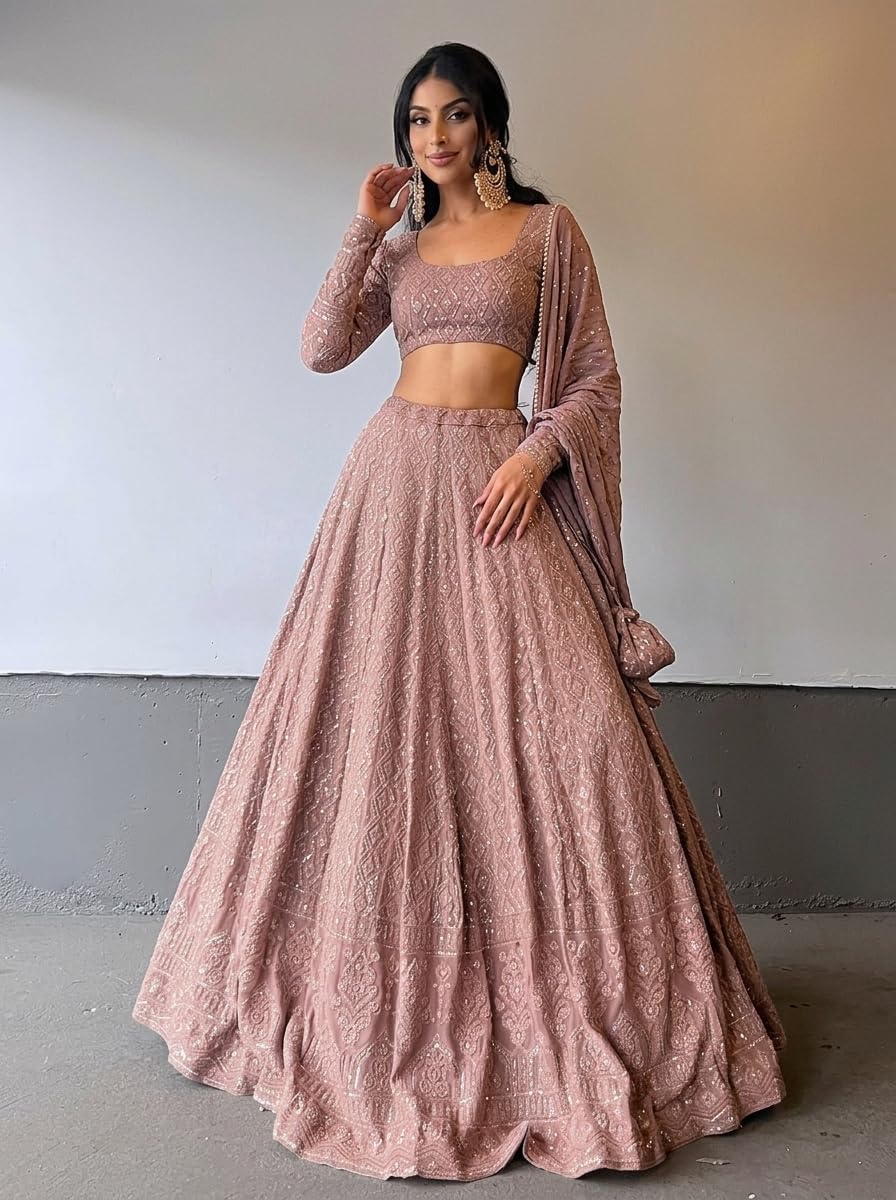 JIHU CULTURE Pink Georgette Sequence Lucknowi Embroidery Work Semi sttiched Lehenga choli set for women (pink)