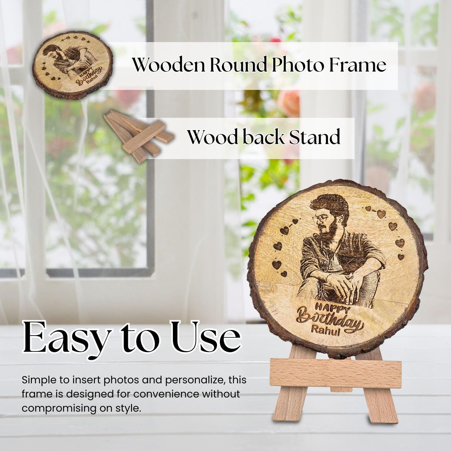 Giftanna Customize Engraved Natural Slice Wooden Round Photo Frame, Personalized Photo Gift For Birthday, Wedding, Real Wood Plaque With Wood Stand, Tabletop_ 5.5X5.5 Inches