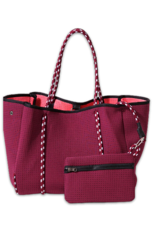 POPUPS Large Neoprene Tote Bag for Women - Everyday Designer Handbag for Travel Work and Beach with Pockets and Zipper Pouch, Berry, X-Large, Berry