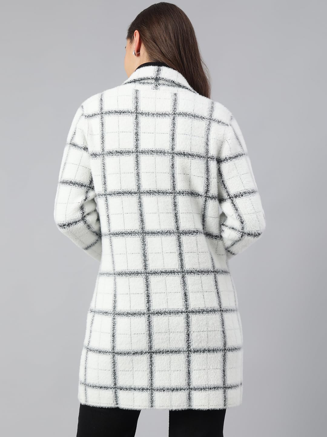 Latin Quarters Women Ivory Full Sleeve Casual Checked Coat_M