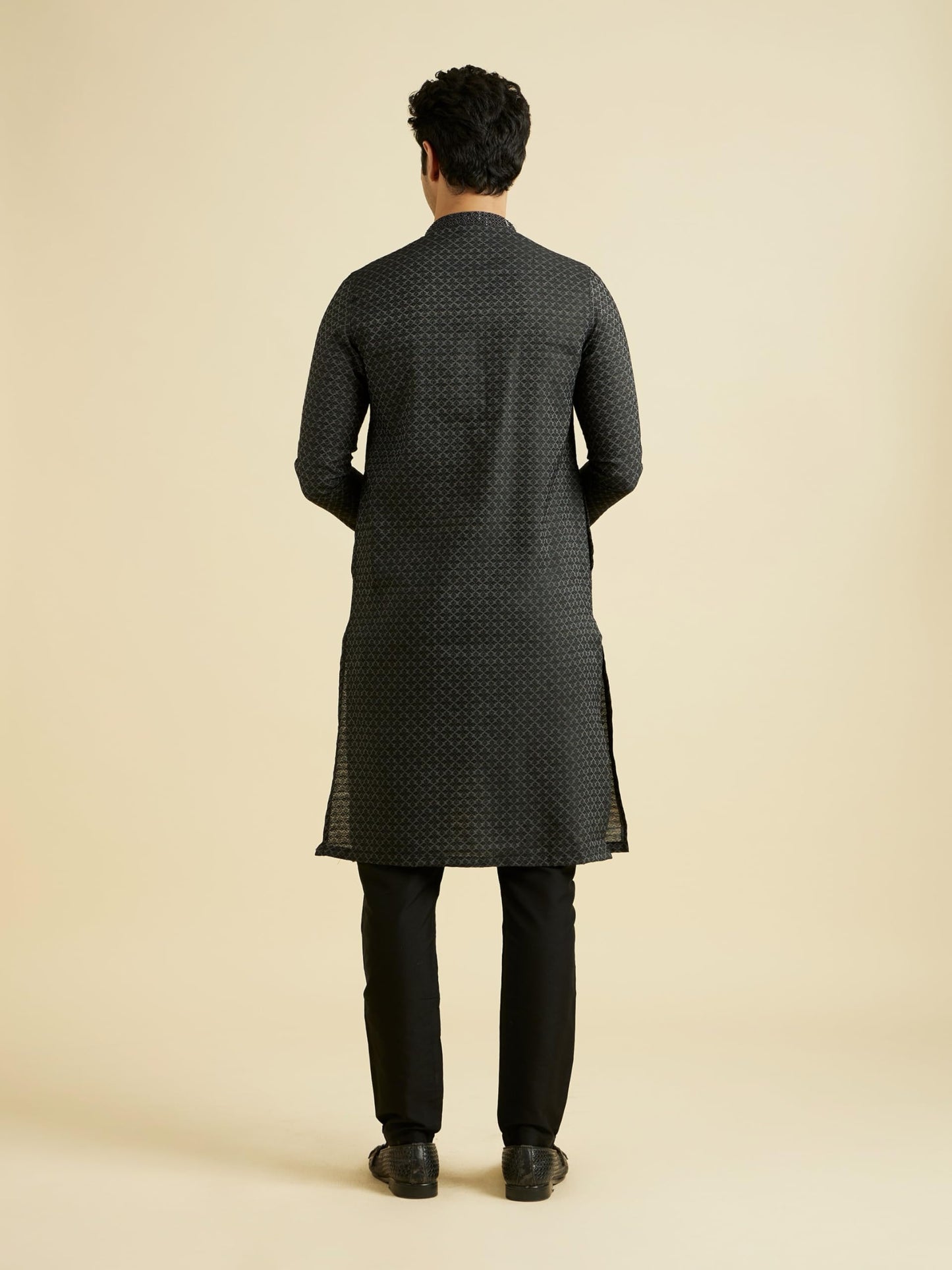 Manyavar Men's Viscose Blend Self Design Kurta Pyjama Set (Black,S)